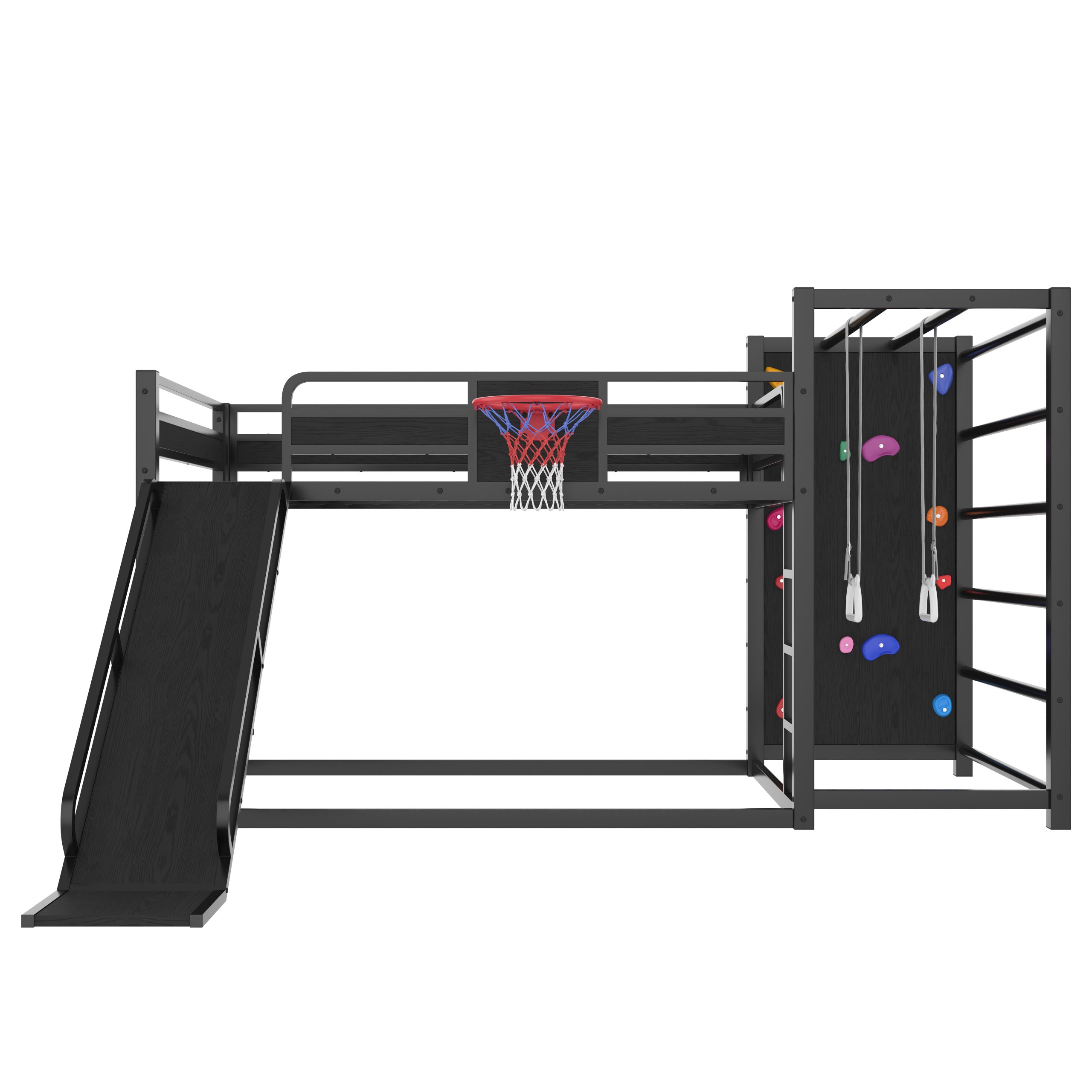 Full size metal loft bed with basketball hoop, pull-up rings, climbing wall, and built-in bookshelves. Playful children's design featuring a slide,Black - Image 6