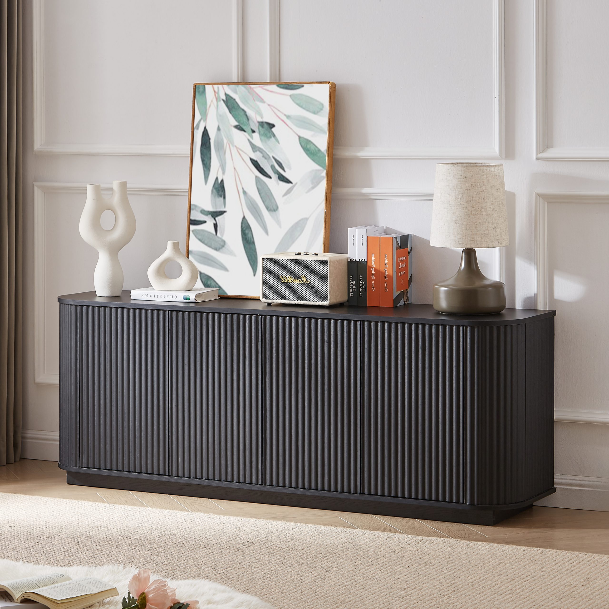 Sideboard Storage Cabinet TV Stand with wave pattern Buffet Cabinet Wooden Vertical Striped Cabinet for Kitchen/Bedroom/Entryway. Black, 64”W x 15”D x 24”H.