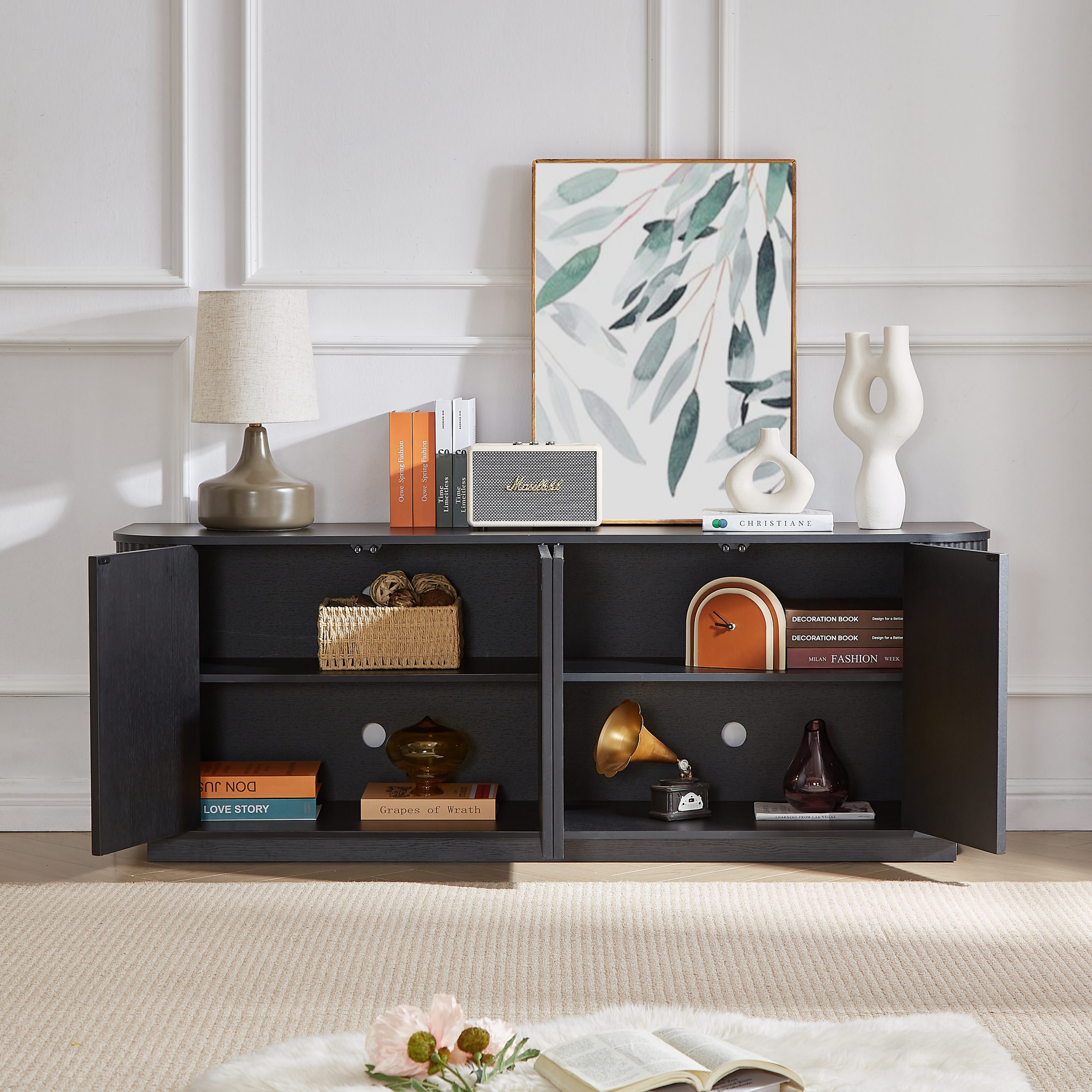 Sideboard Storage Cabinet TV Stand with wave pattern Buffet Cabinet Wooden Vertical Striped Cabinet for Kitchen/Bedroom/Entryway. Black, 64''W x 15''D x 24''H. - Image 2