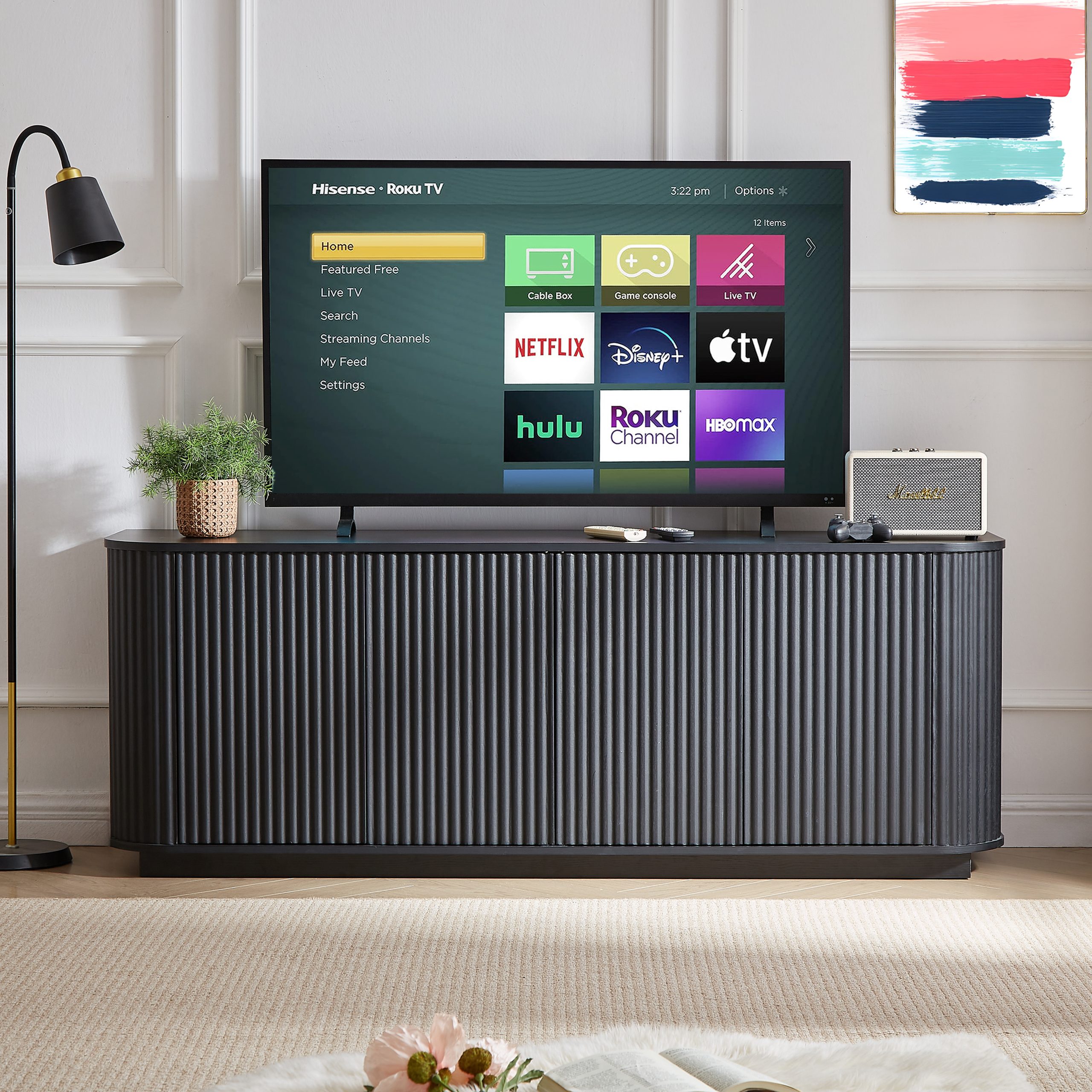 Sideboard Storage Cabinet TV Stand with wave pattern Buffet Cabinet Wooden Vertical Striped Cabinet for Kitchen/Bedroom/Entryway. Black, 64''W x 15''D x 24''H. - Image 3