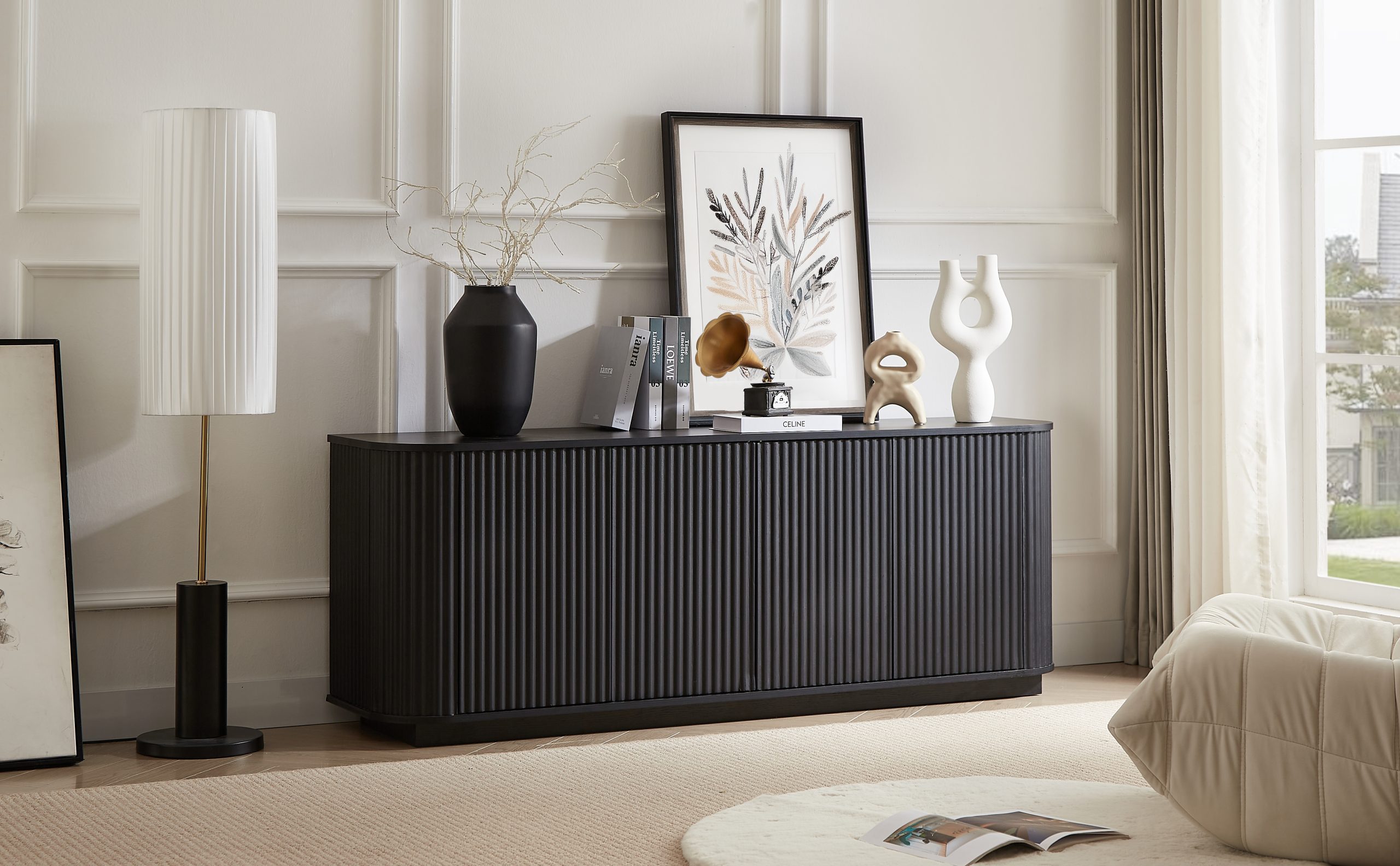 Sideboard Storage Cabinet TV Stand with wave pattern Buffet Cabinet Wooden Vertical Striped Cabinet for Kitchen/Bedroom/Entryway. Black, 64''W x 15''D x 24''H. - Image 4