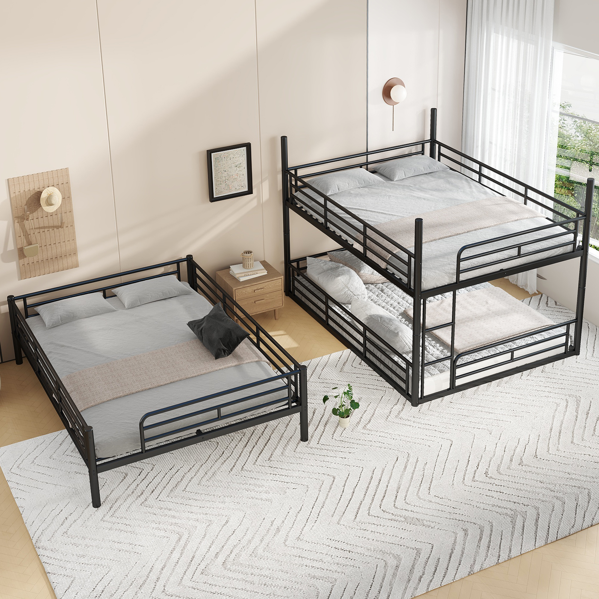 Queen over Queen over Queen Bunk Bed, Metal Triple Bunk Bed with Safety Guardrails, Heavy-duty Bunk Bed with Noise-reduced Design, Black - Image 2