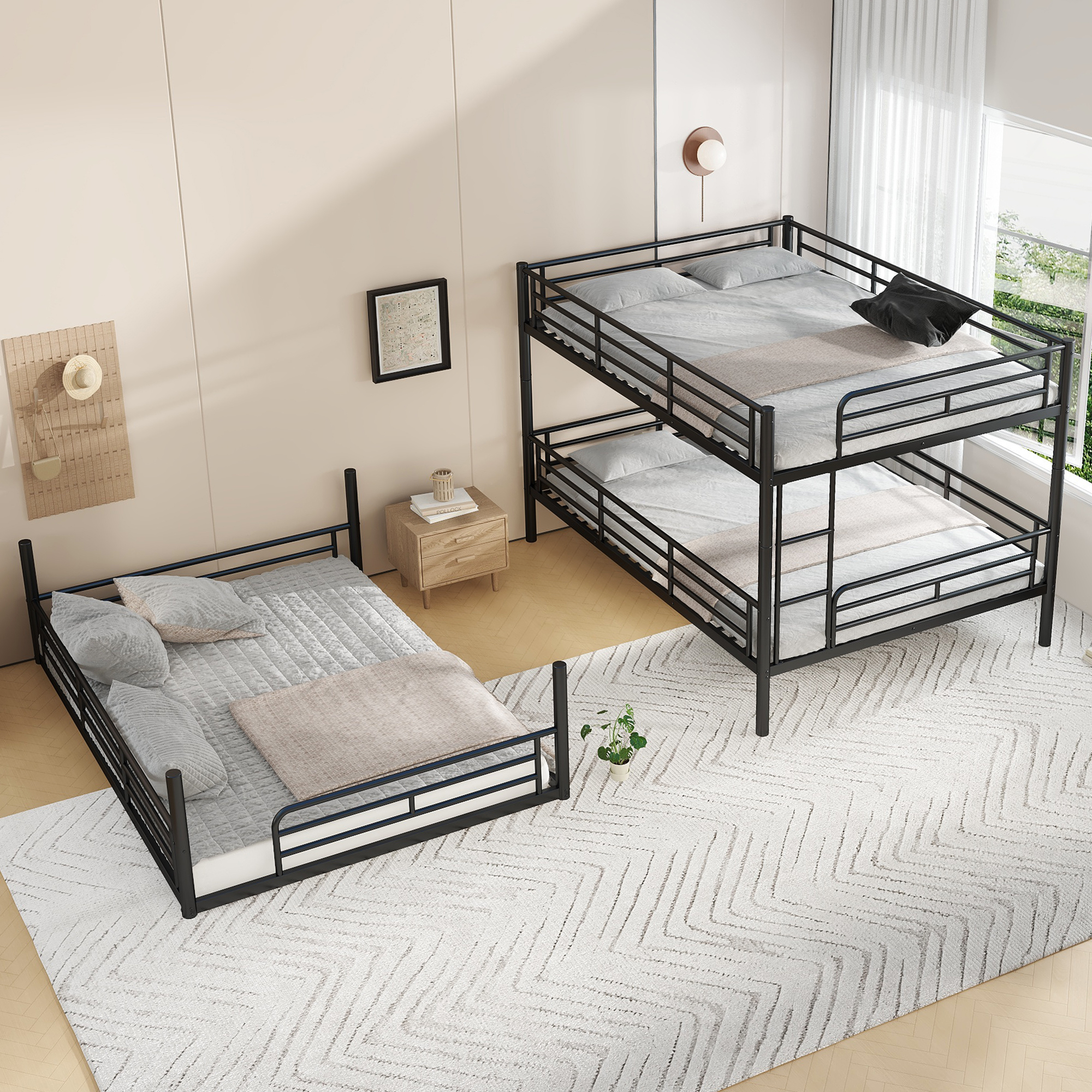 Queen over Queen over Queen Bunk Bed, Metal Triple Bunk Bed with Safety Guardrails, Heavy-duty Bunk Bed with Noise-reduced Design, Black - Image 3