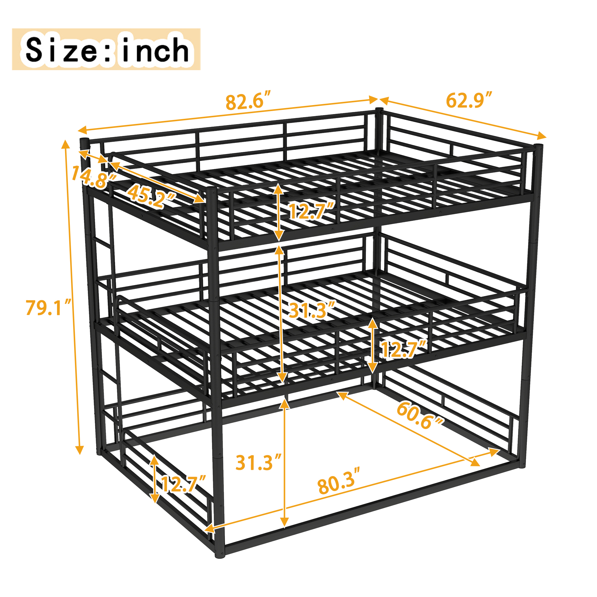 Queen over Queen over Queen Bunk Bed, Metal Triple Bunk Bed with Safety Guardrails, Heavy-duty Bunk Bed with Noise-reduced Design, Black - Image 5