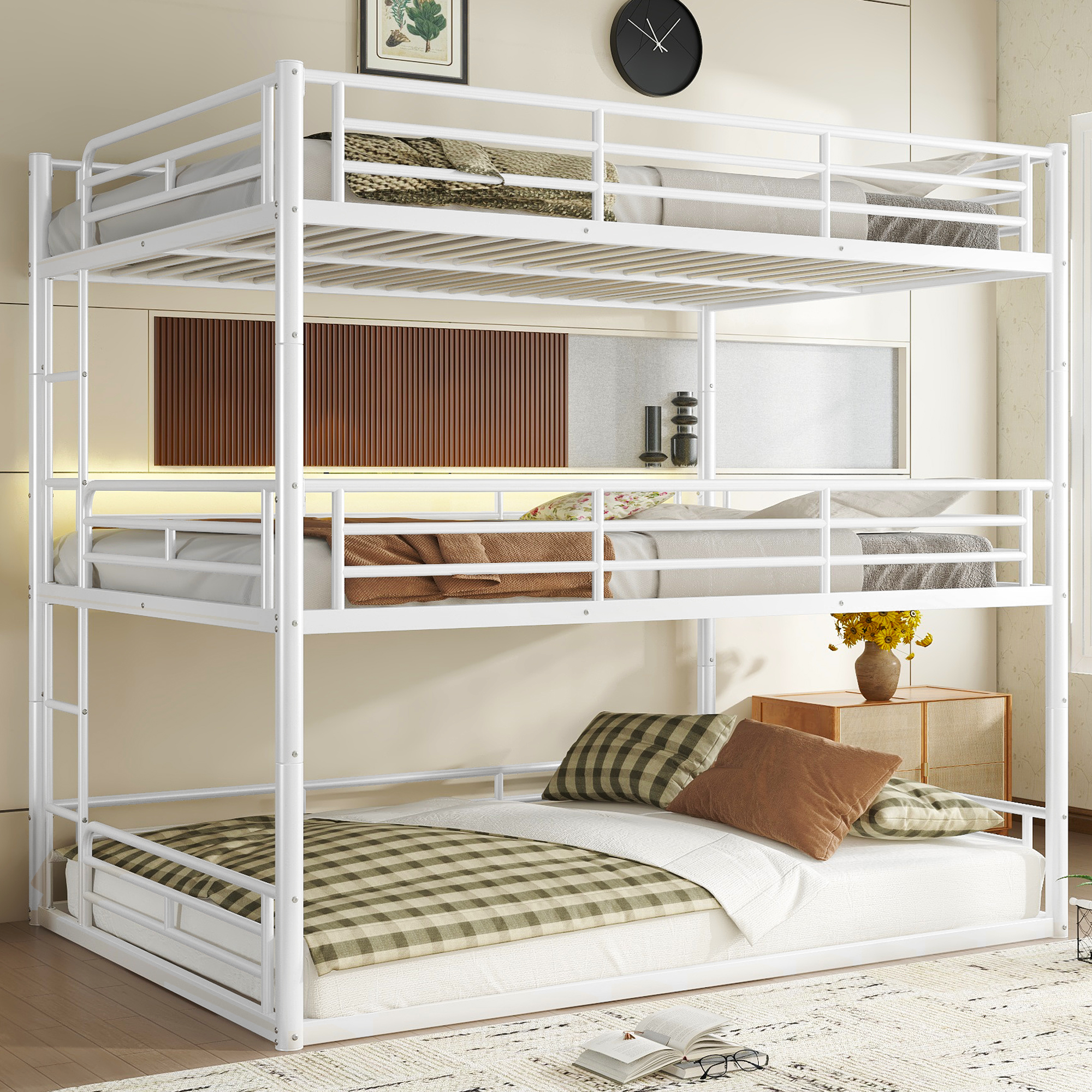 Queen over Queen over Queen Bunk Bed, Metal Triple Bunk Bed with Safety Guardrails, Heavy-duty Bunk Bed with Noise-reduced Design, White - Image 1