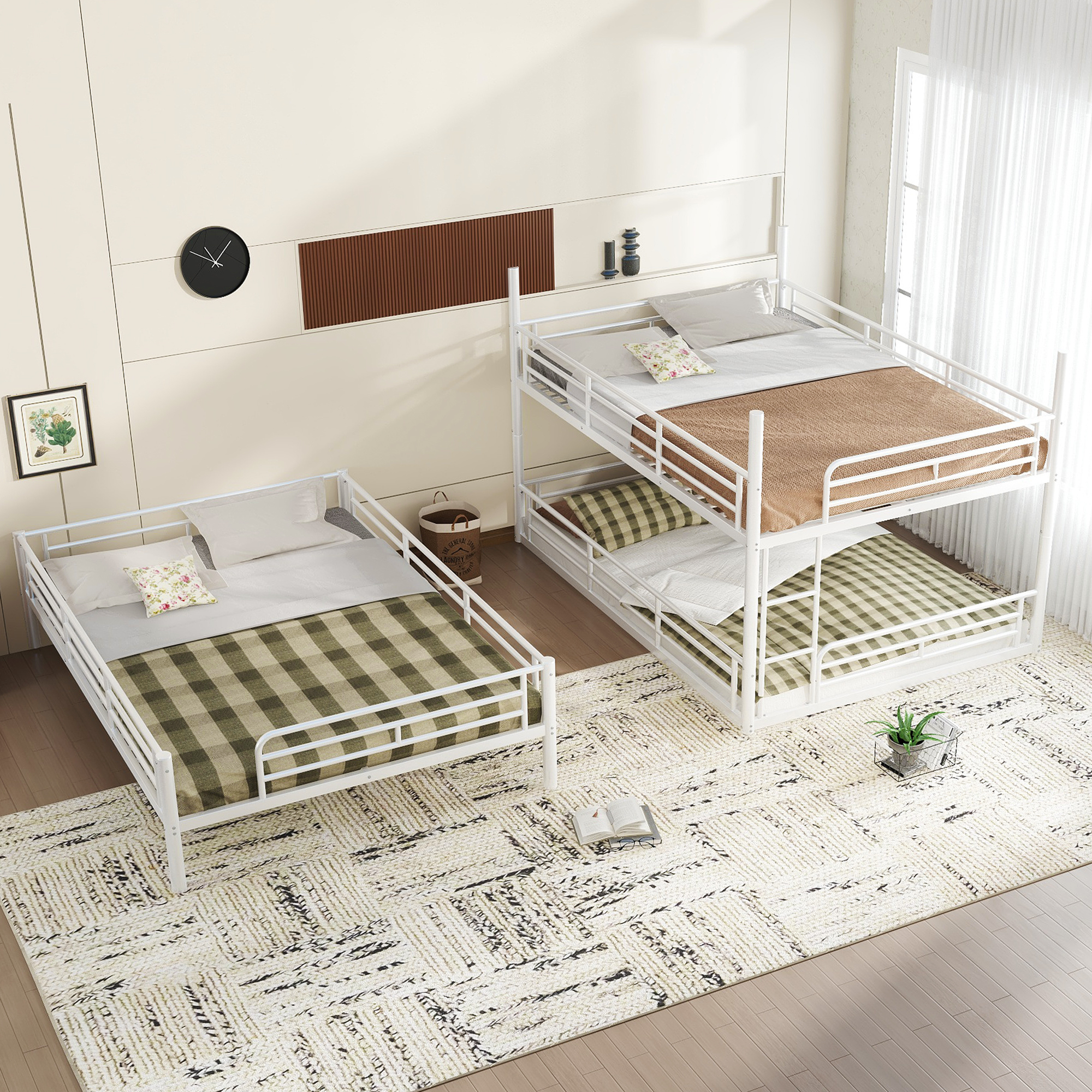 Queen over Queen over Queen Bunk Bed, Metal Triple Bunk Bed with Safety Guardrails, Heavy-duty Bunk Bed with Noise-reduced Design, White - Image 2