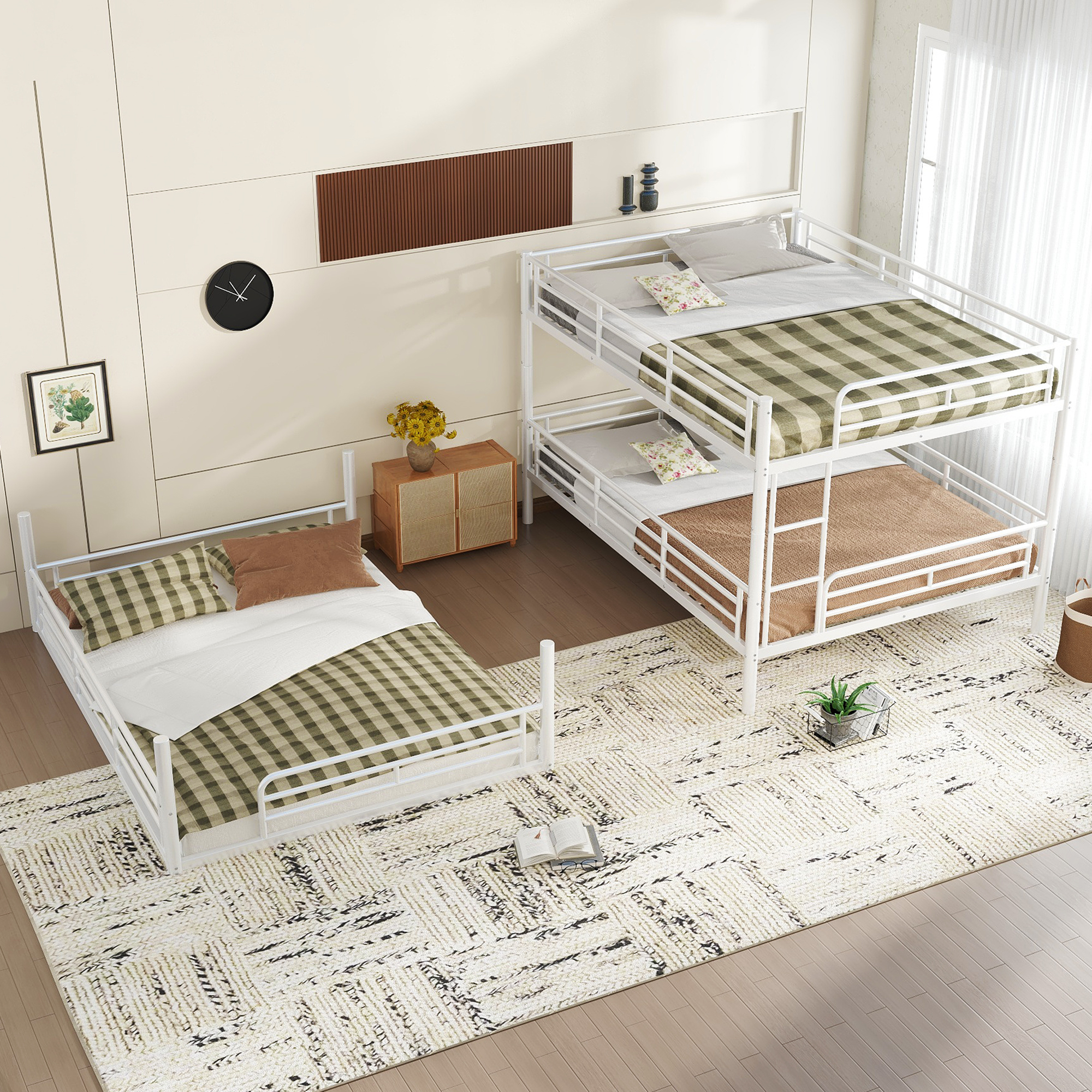 Queen over Queen over Queen Bunk Bed, Metal Triple Bunk Bed with Safety Guardrails, Heavy-duty Bunk Bed with Noise-reduced Design, White - Image 3