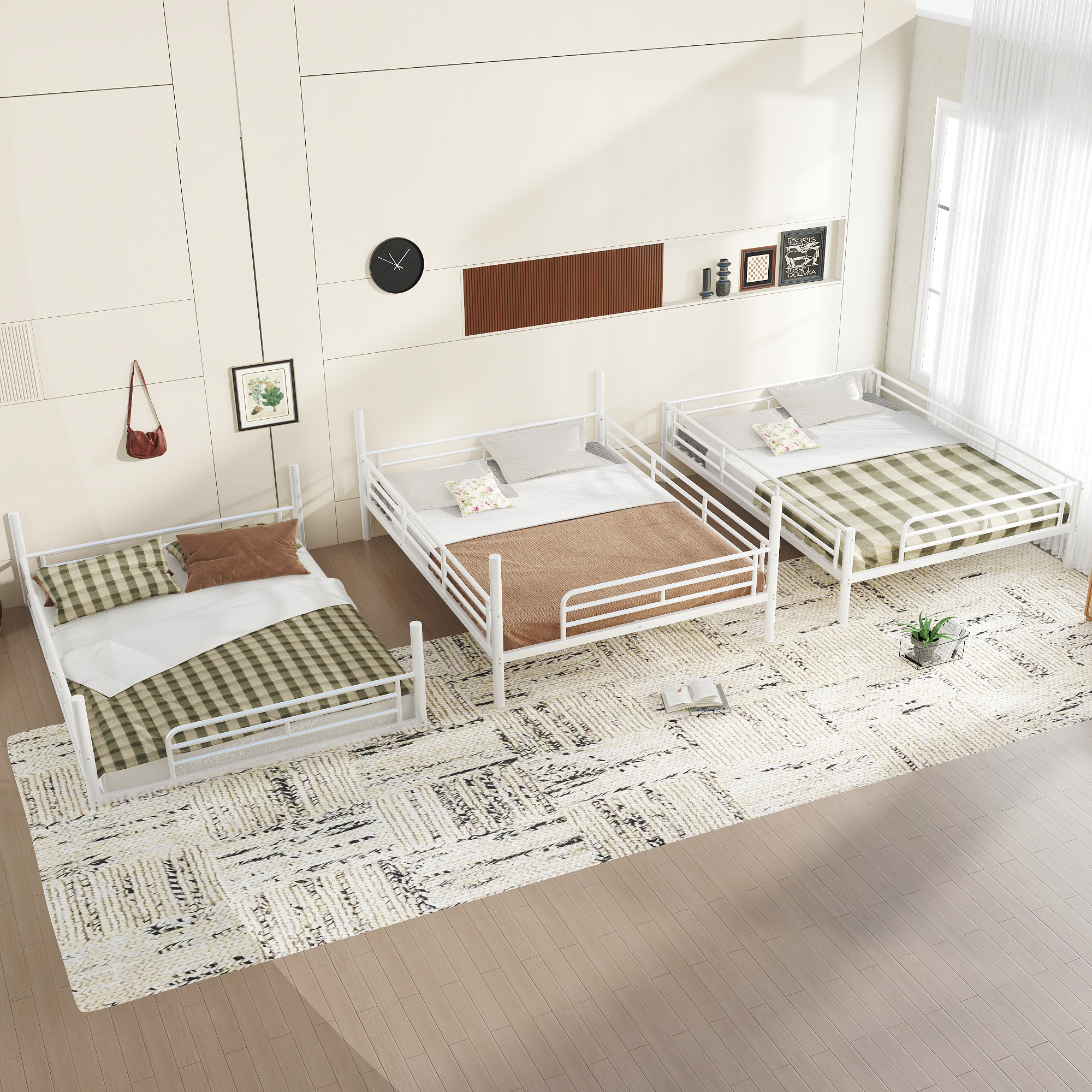 Queen over Queen over Queen Bunk Bed, Metal Triple Bunk Bed with Safety Guardrails, Heavy-duty Bunk Bed with Noise-reduced Design, White - Image 4