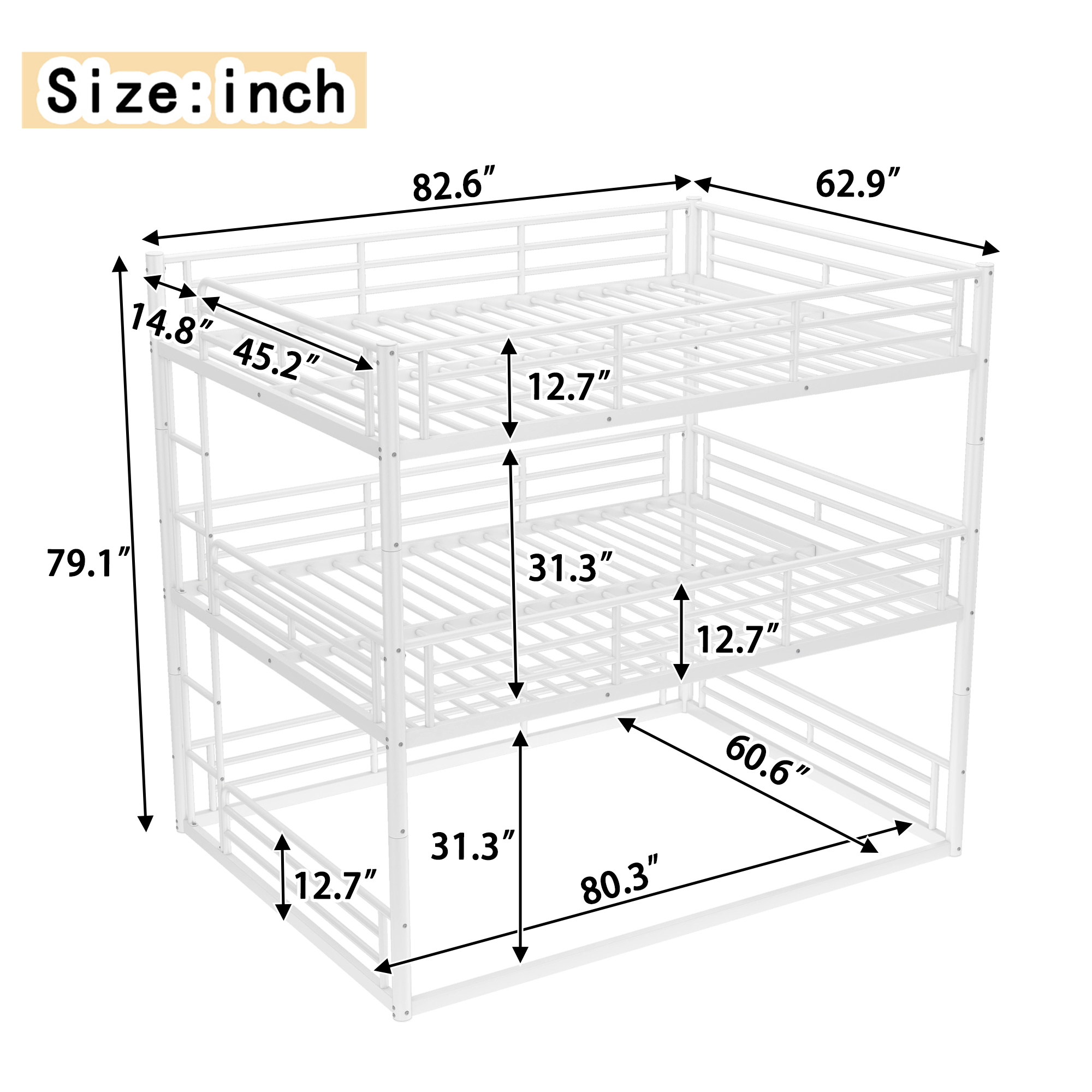 Queen over Queen over Queen Bunk Bed, Metal Triple Bunk Bed with Safety Guardrails, Heavy-duty Bunk Bed with Noise-reduced Design, White - Image 5