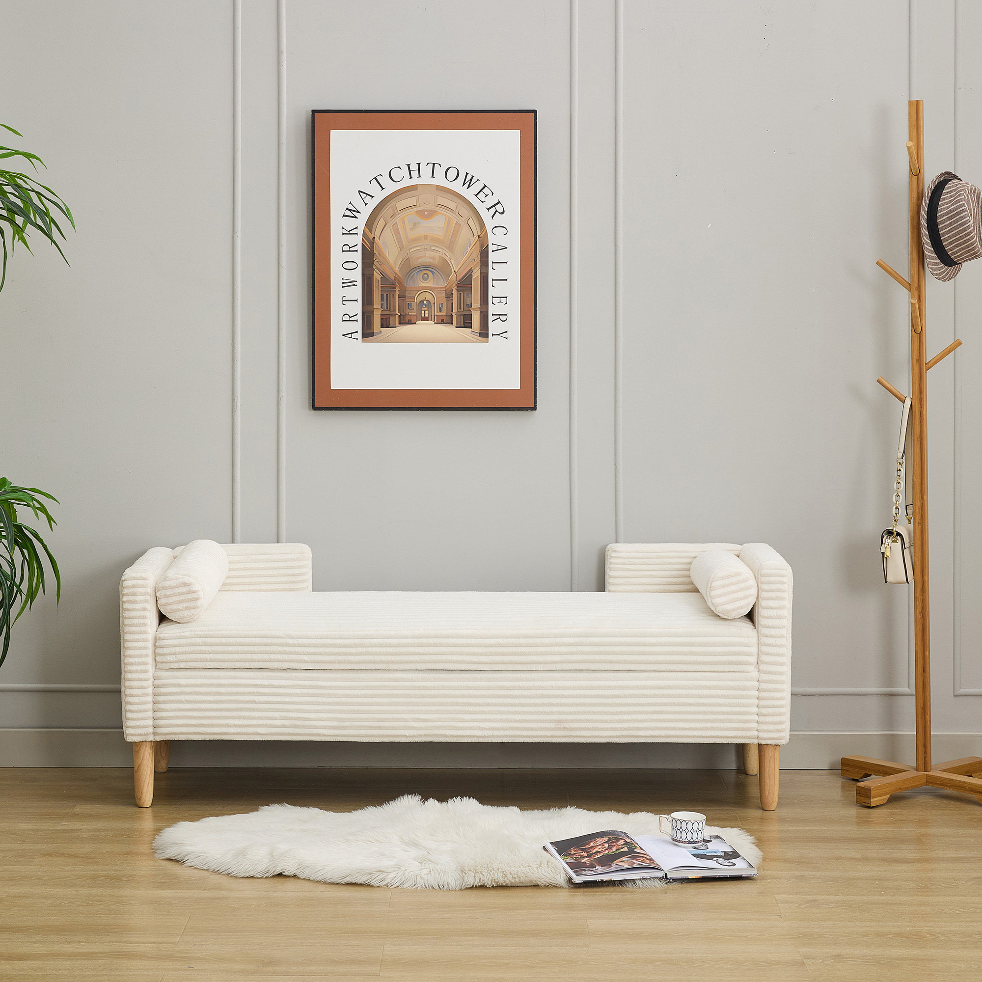 65.35"Wide Upholstered Flip-top Storage Accent Bed Bench, Corduroy Footrest Ottoman with Armrests&Backrest&2 Bolster Pillows Wood Legs for Living Room, End of Bed, Hallway, Entryway Bedroom. Ivory - Image 3