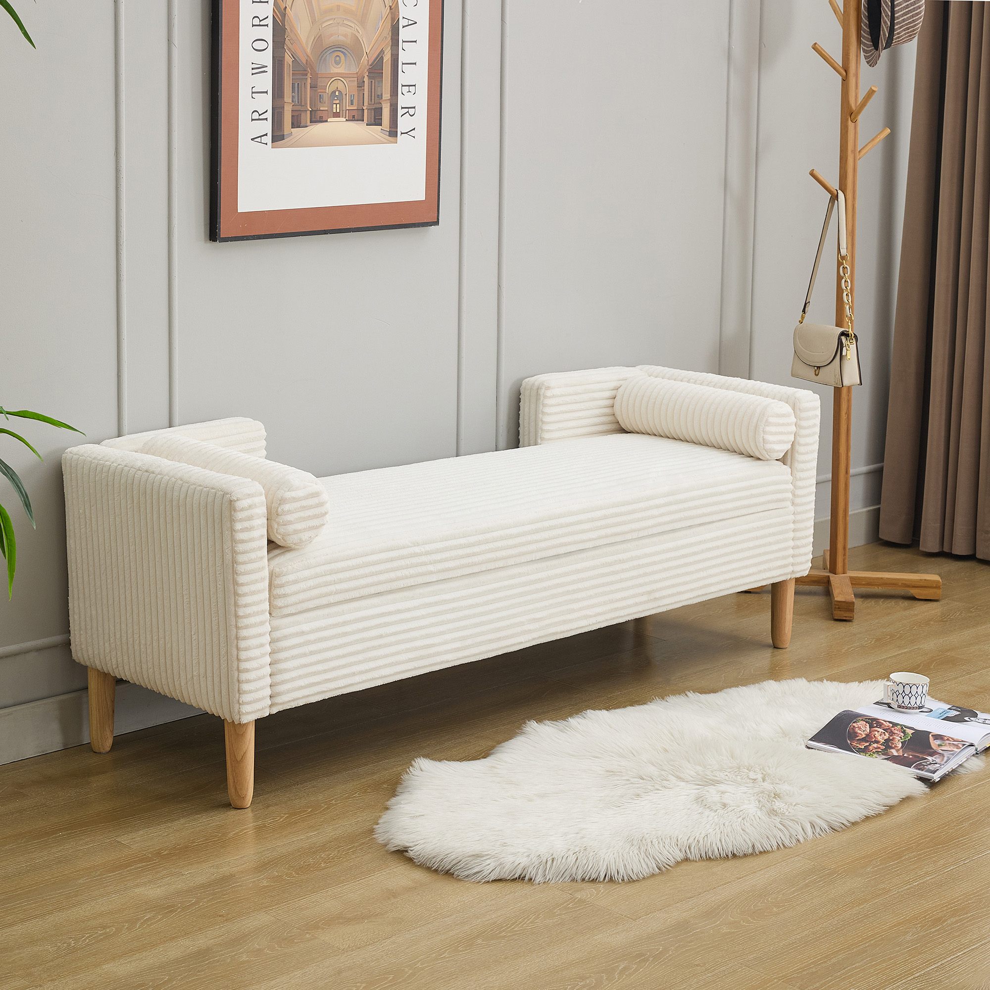 65.35"Wide Upholstered Flip-top Storage Accent Bed Bench, Corduroy Footrest Ottoman with Armrests&Backrest&2 Bolster Pillows Wood Legs for Living Room, End of Bed, Hallway, Entryway Bedroom. Ivory - Image 4