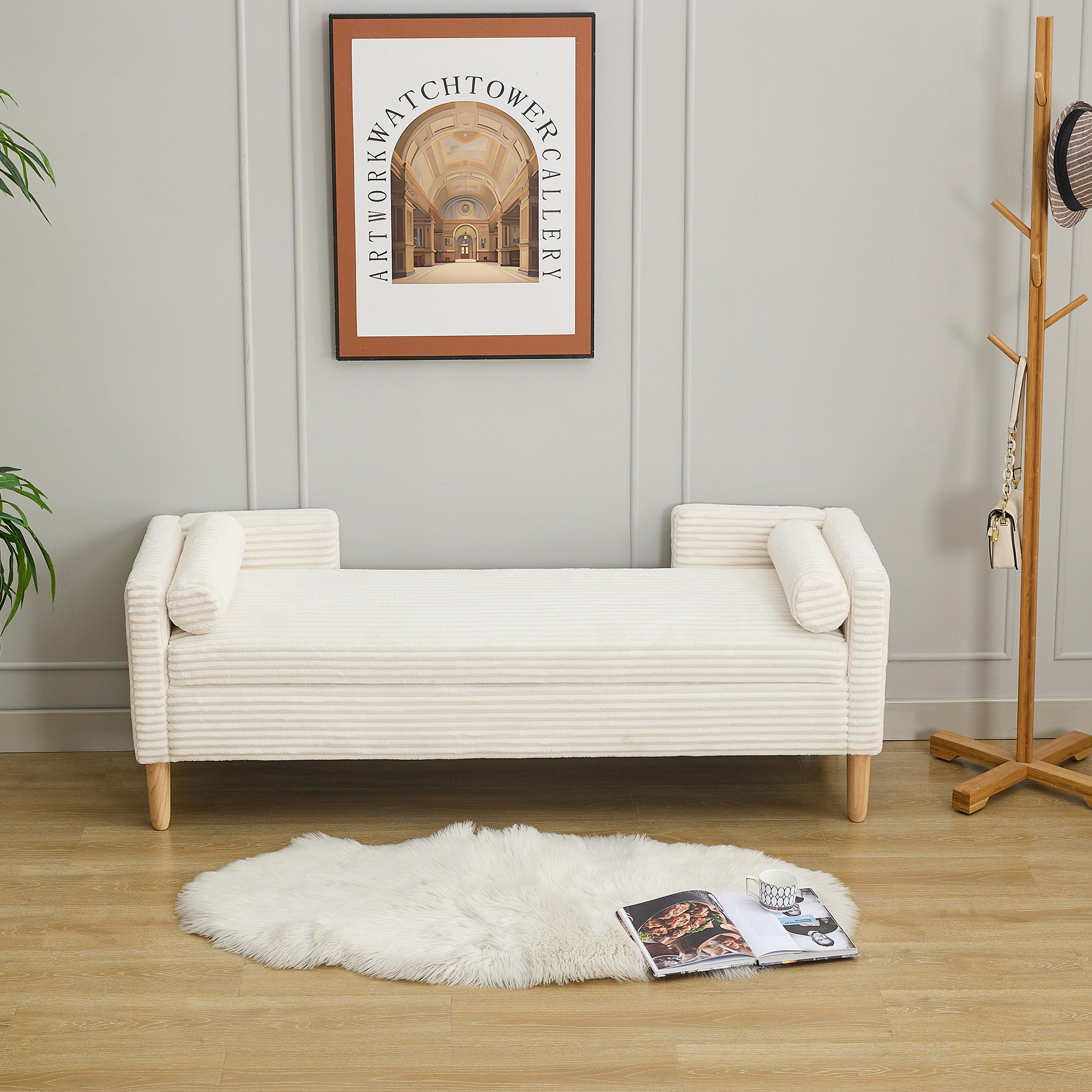 65.35"Wide Upholstered Flip-top Storage Accent Bed Bench, Corduroy Footrest Ottoman with Armrests&Backrest&2 Bolster Pillows Wood Legs for Living Room, End of Bed, Hallway, Entryway Bedroom. Ivory - Image 5