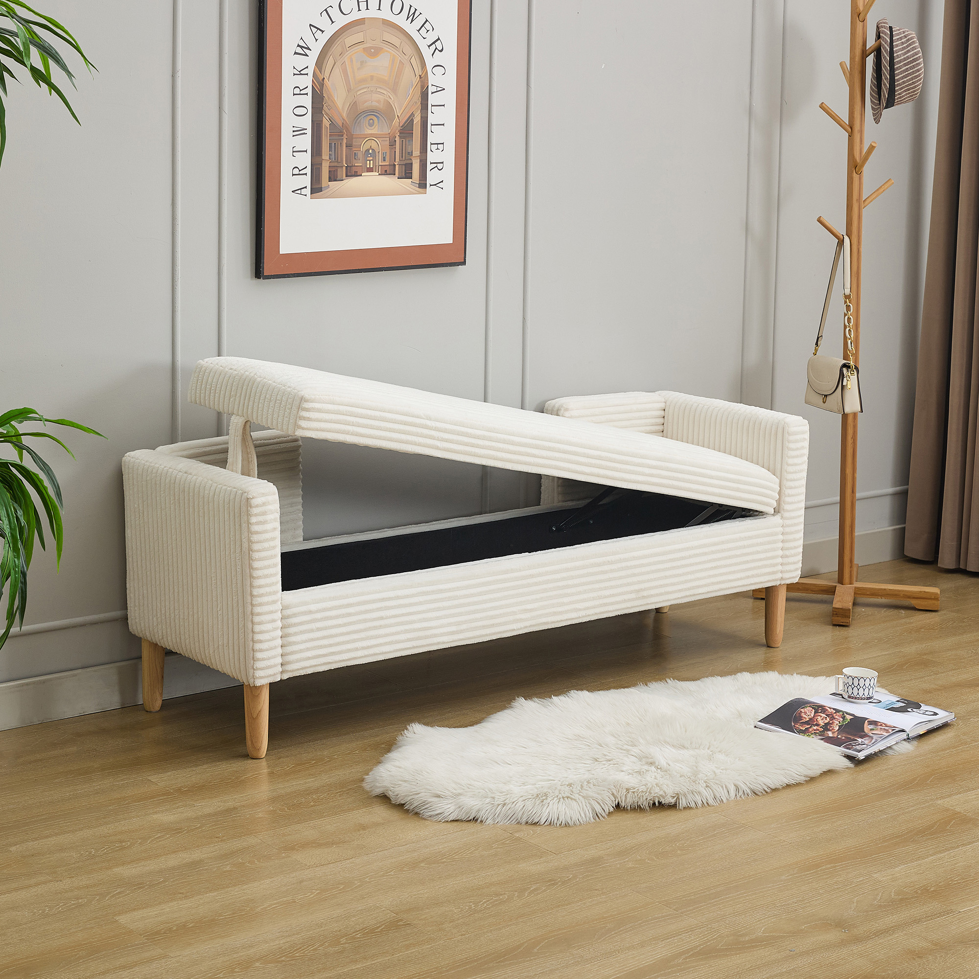 65.35"Wide Upholstered Flip-top Storage Accent Bed Bench, Corduroy Footrest Ottoman with Armrests&Backrest&2 Bolster Pillows Wood Legs for Living Room, End of Bed, Hallway, Entryway Bedroom. Ivory - Image 6