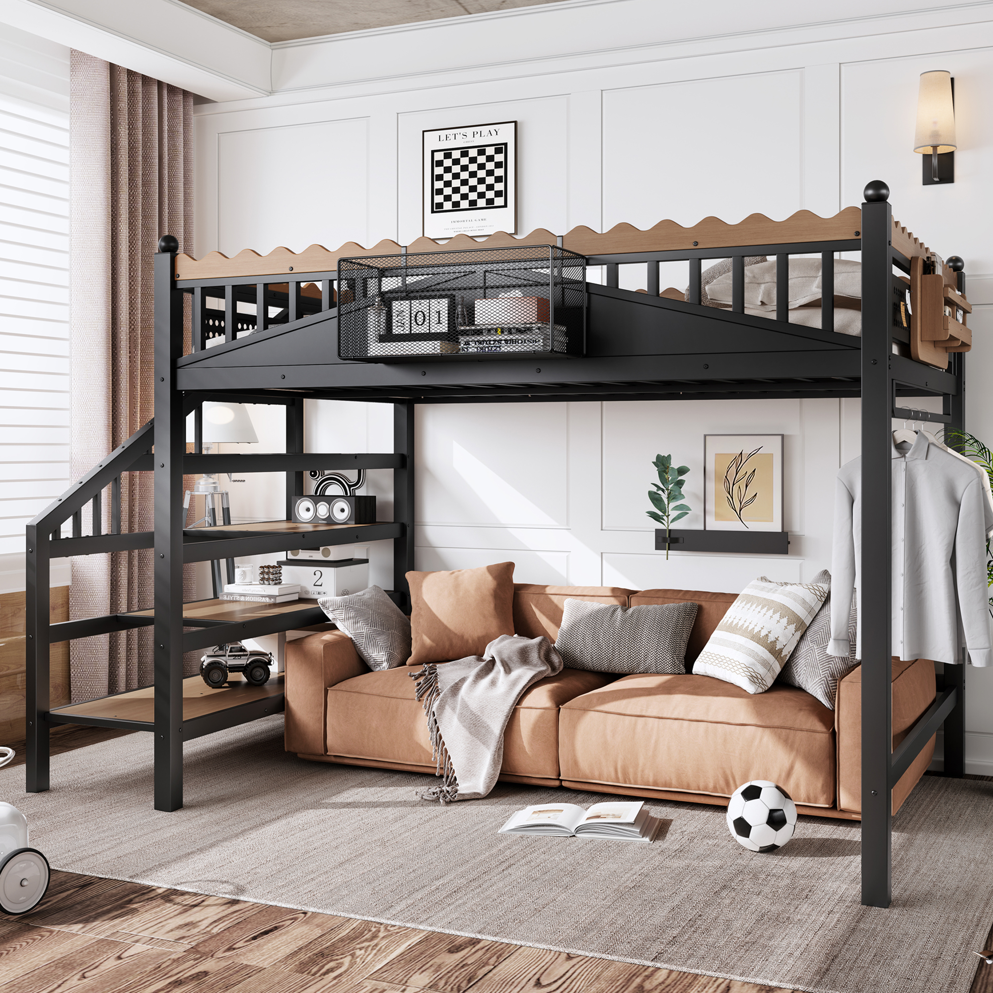 Full Size Loft Bed with Storage Stairs, Metal Loft Beds Frame with Storage Shelves and bookshelf, Loft Bed for Bedroom, Guest, Dorms, Black - Image 2