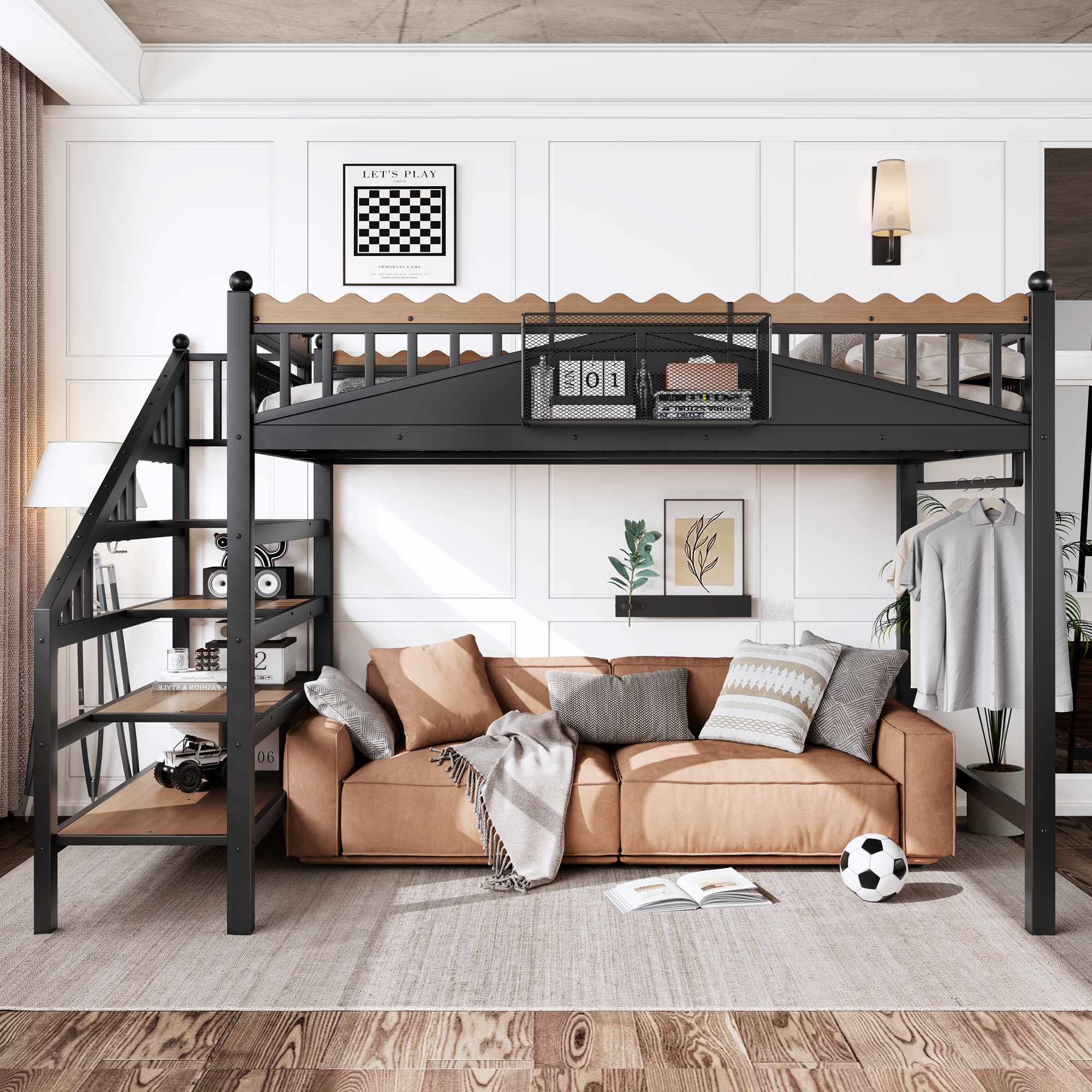 Full Size Loft Bed with Storage Stairs, Metal Loft Beds Frame with Storage Shelves and bookshelf, Loft Bed for Bedroom, Guest, Dorms, Black - Image 3
