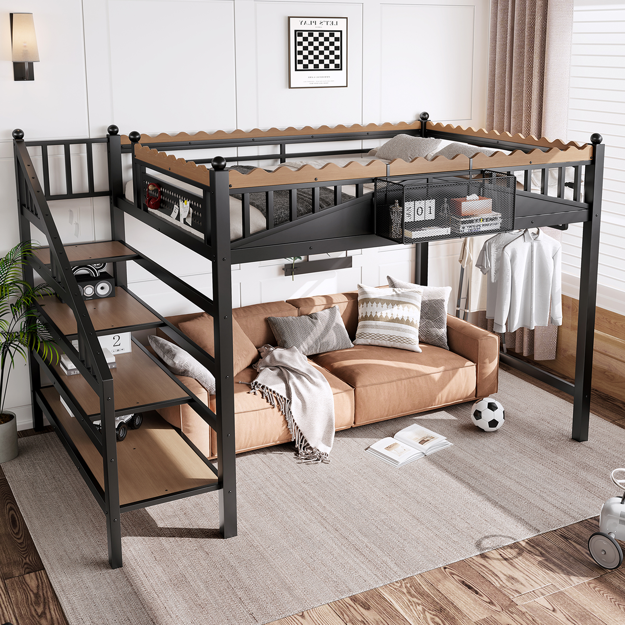 Full Size Loft Bed with Storage Stairs, Metal Loft Beds Frame with Storage Shelves and bookshelf, Loft Bed for Bedroom, Guest, Dorms, Black - Image 4