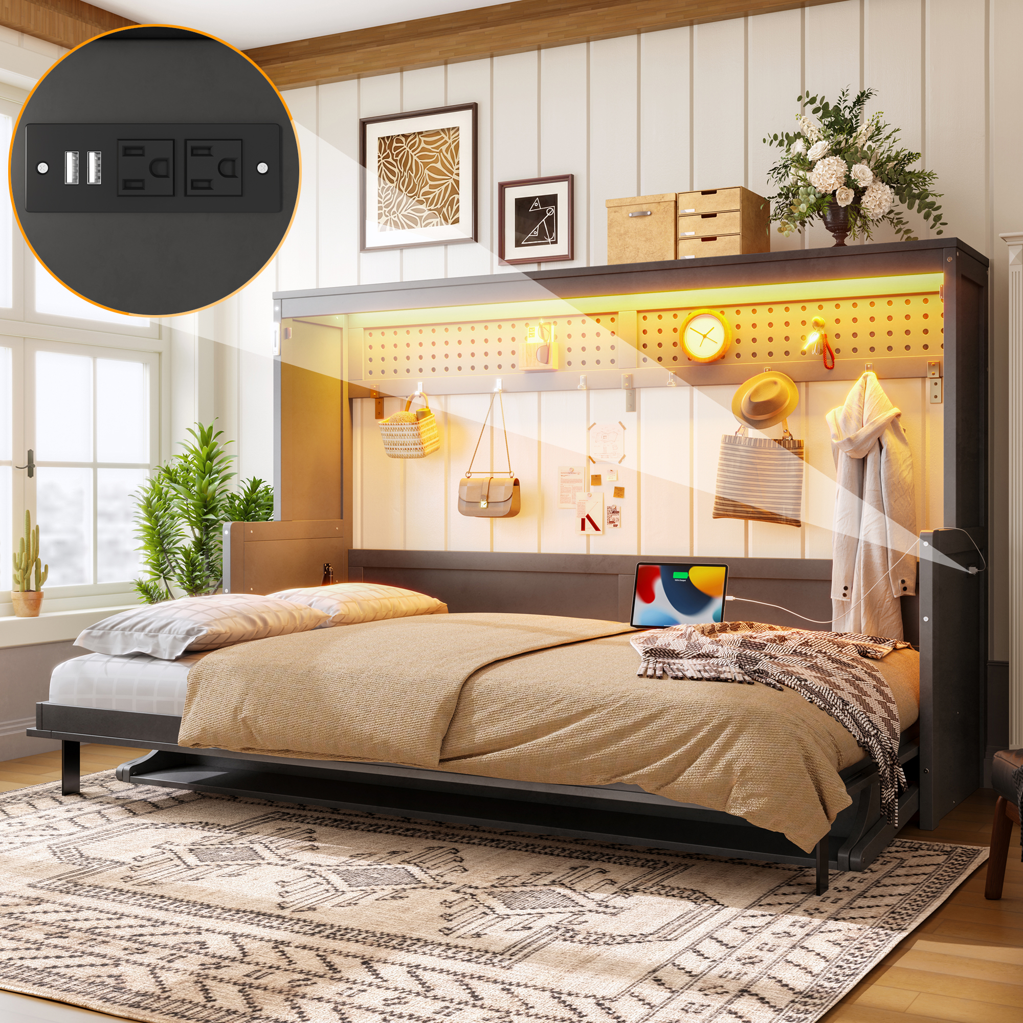 Queen Size Murphy Bed with a desk, USB Charging Station,LED Lights,Dark Gray - Image 1