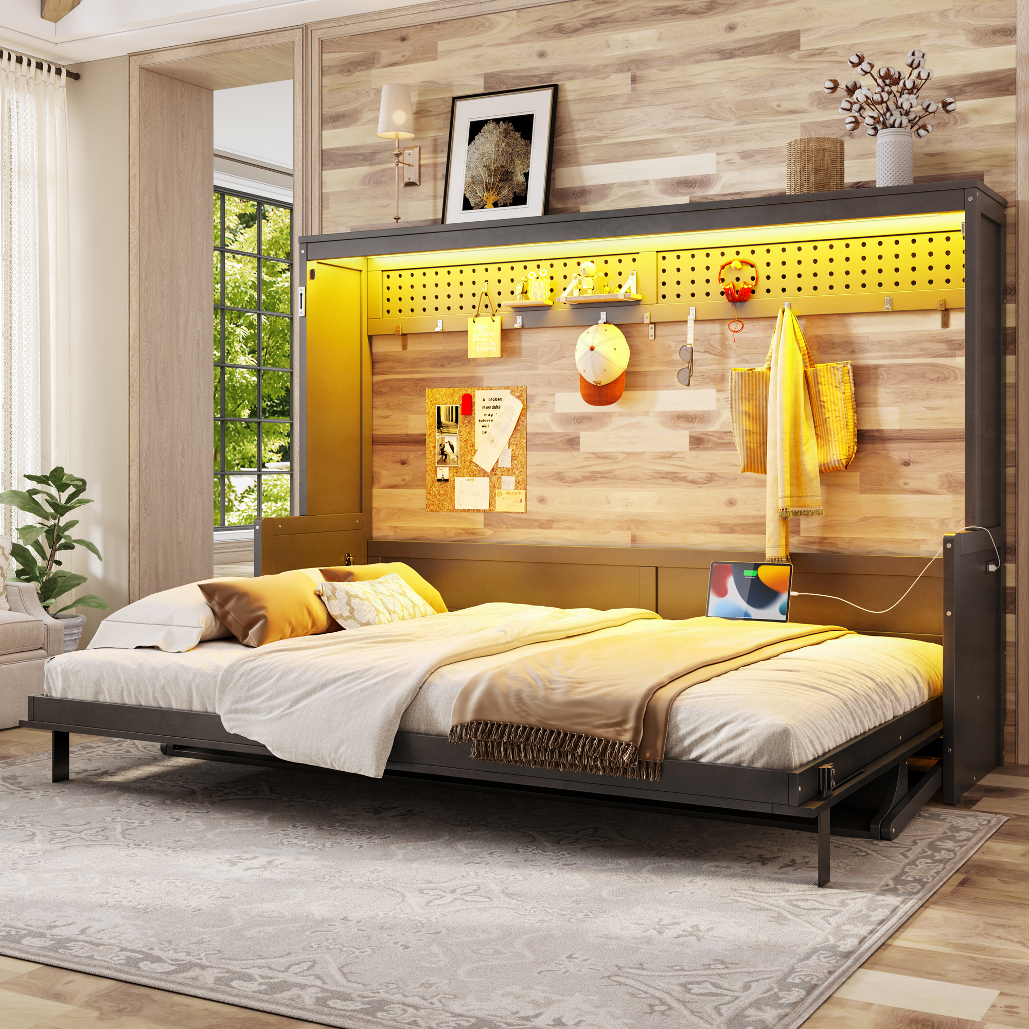 Queen Size Murphy Bed with a desk, USB Charging Station,LED Lights,Dark Gray - Image 2