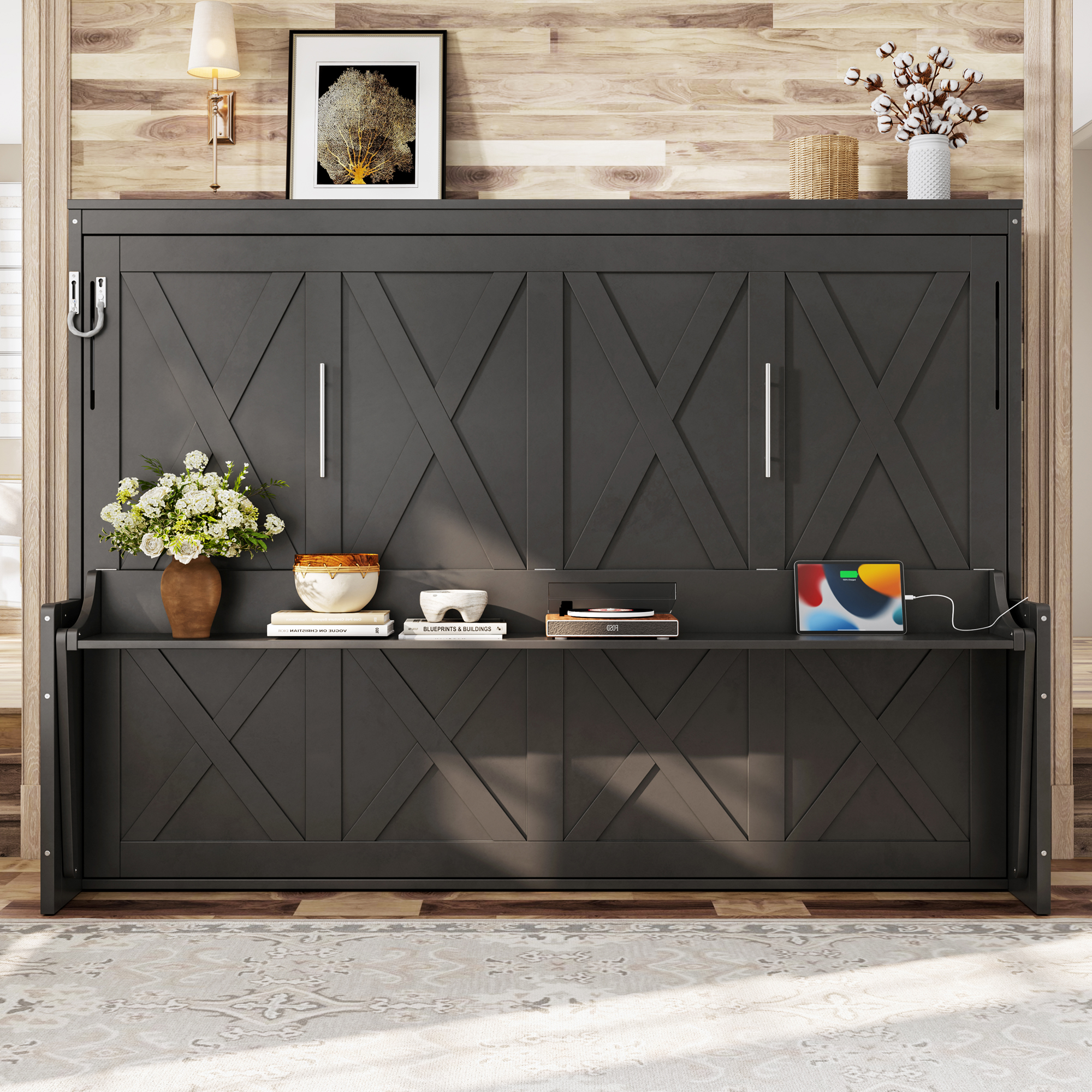 Queen Size Murphy Bed with a desk, USB Charging Station,LED Lights,Dark Gray - Image 3
