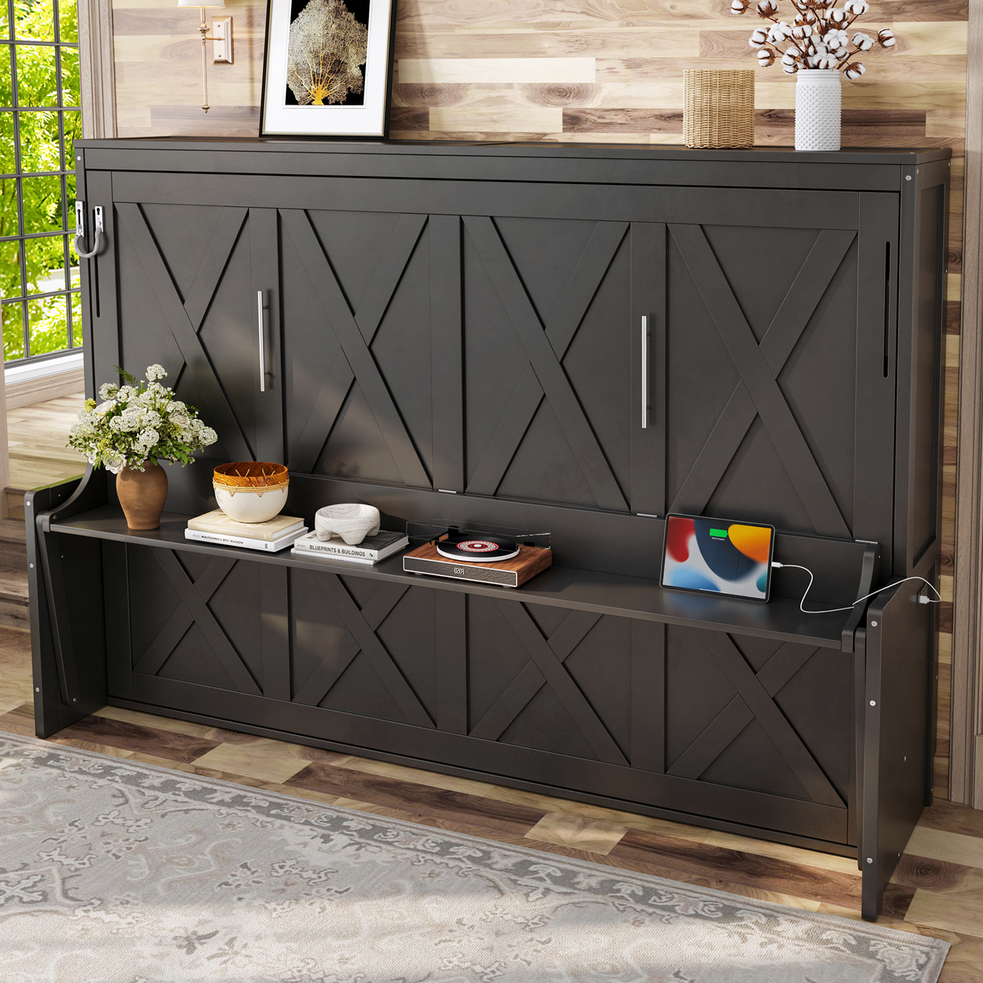 Queen Size Murphy Bed with a desk, USB Charging Station,LED Lights,Dark Gray - Image 4