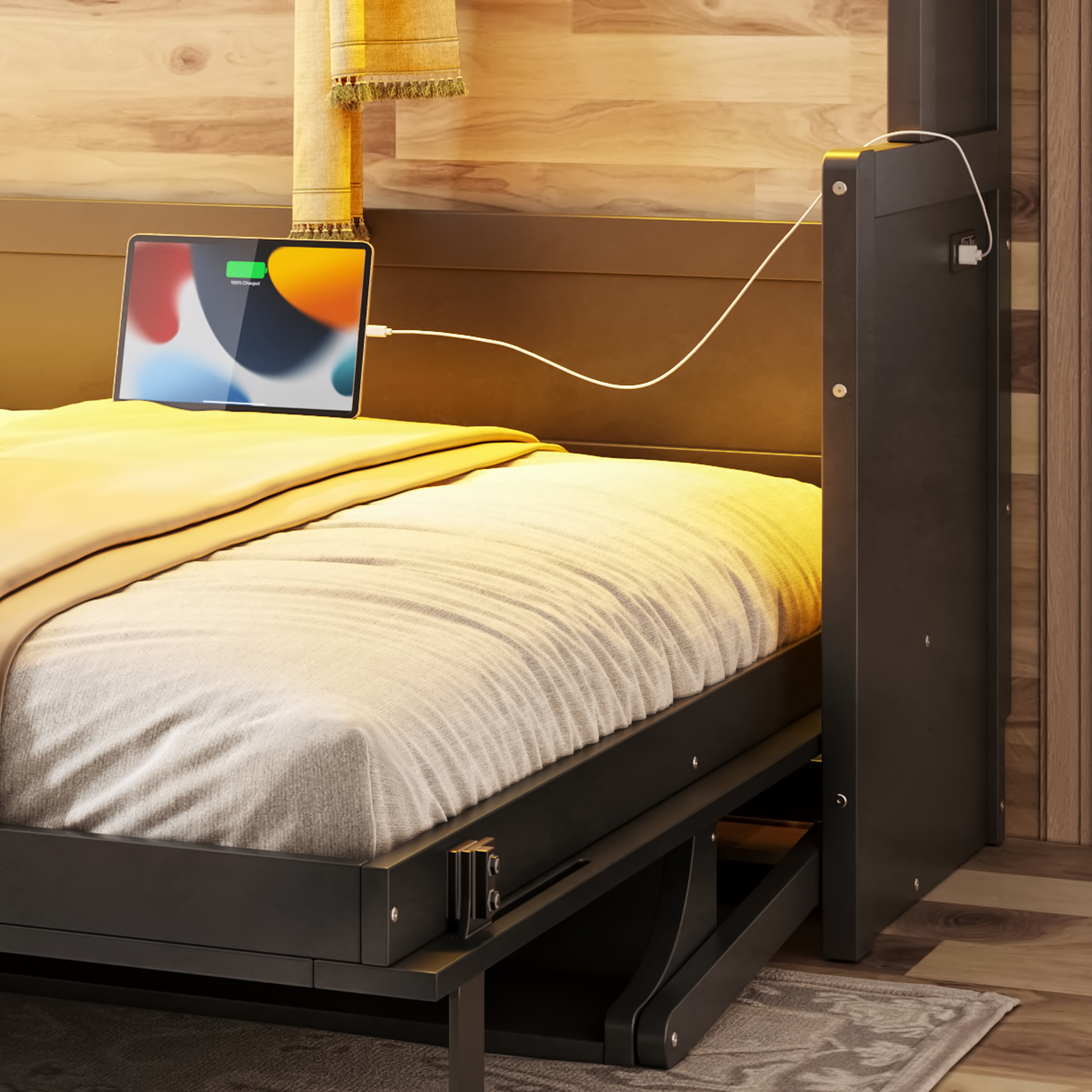 Queen Size Murphy Bed with a desk, USB Charging Station,LED Lights,Dark Gray - Image 5