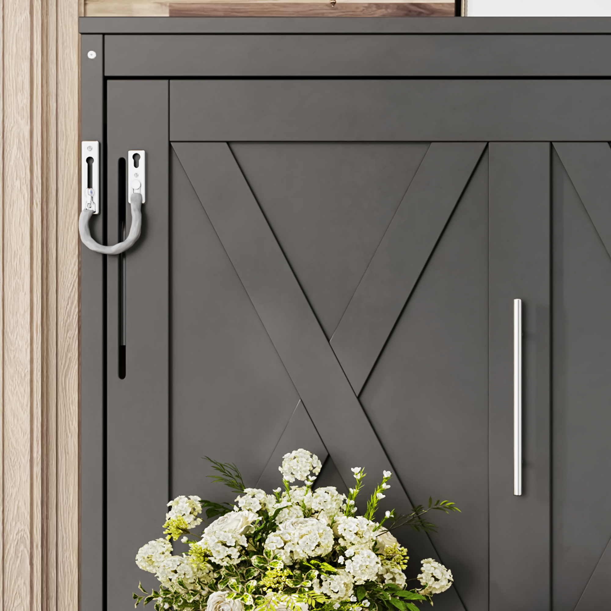 Queen Size Murphy Bed with a desk, USB Charging Station,LED Lights,Dark Gray - Image 6