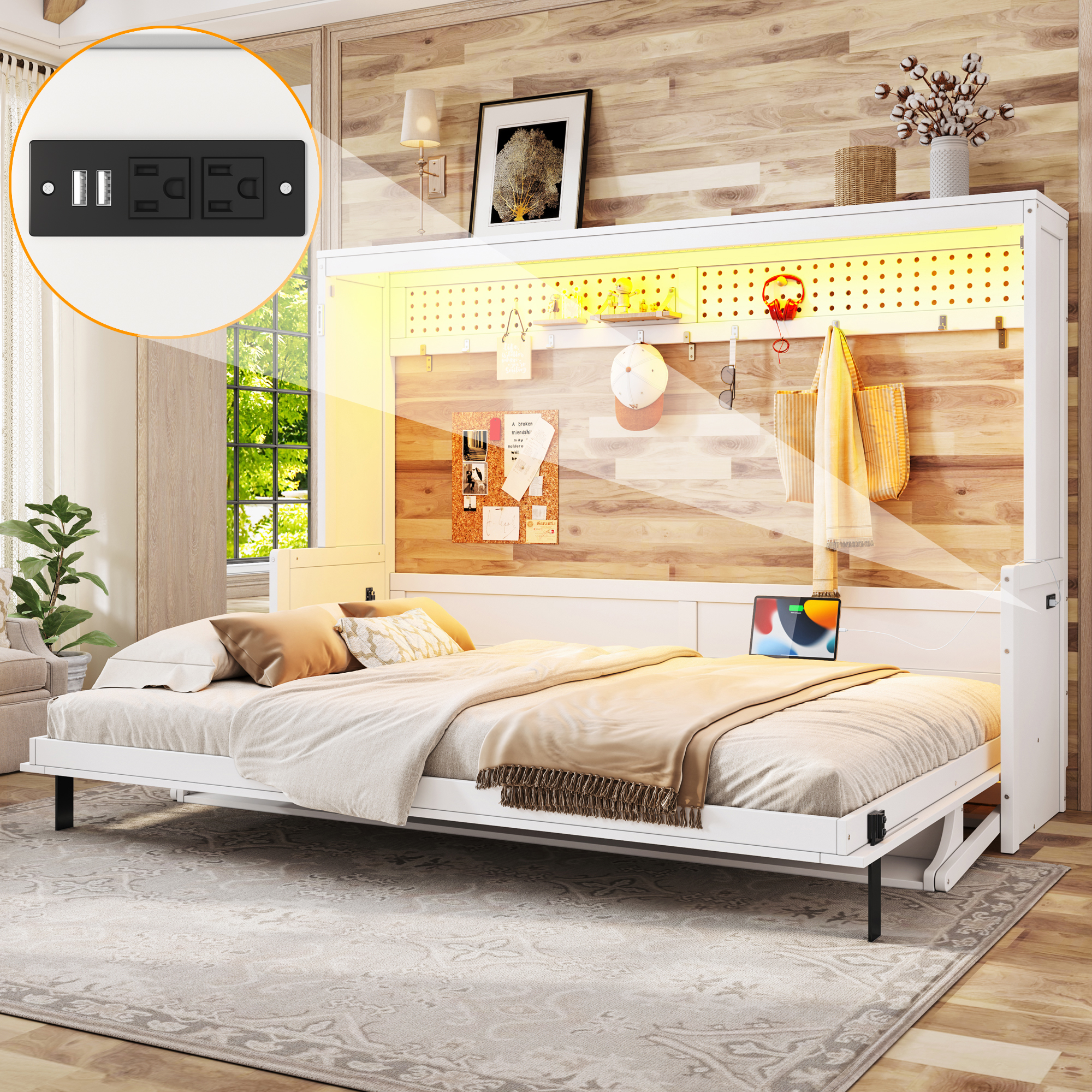 Queen Size Murphy Bed with a desk, USB Charging Station,LED Lights,White - Image 1