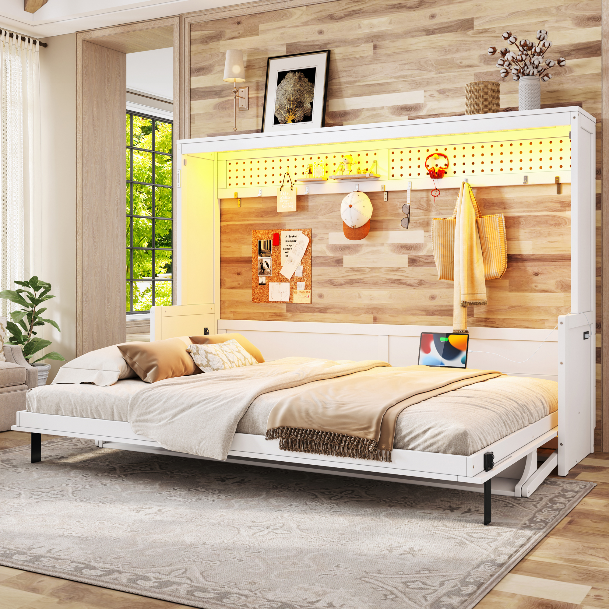 Queen Size Murphy Bed with a desk, USB Charging Station,LED Lights,White - Image 2