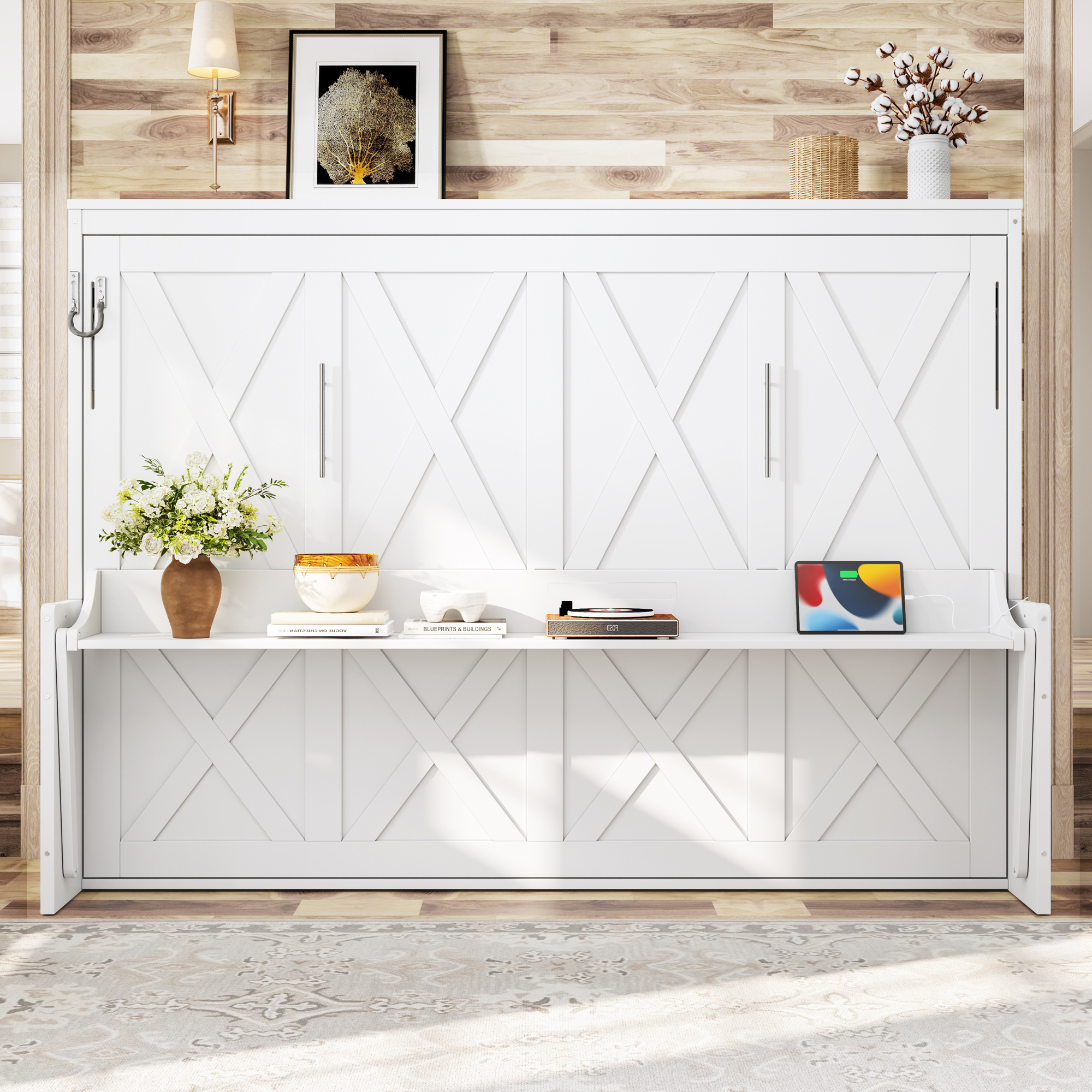 Queen Size Murphy Bed with a desk, USB Charging Station,LED Lights,White - Image 3