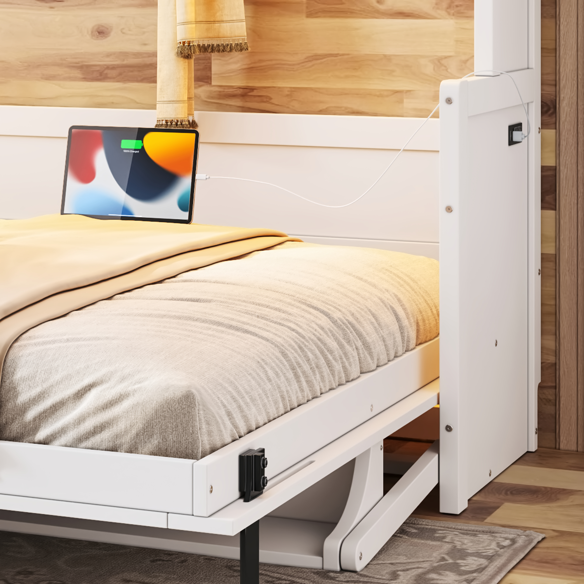 Queen Size Murphy Bed with a desk, USB Charging Station,LED Lights,White - Image 5