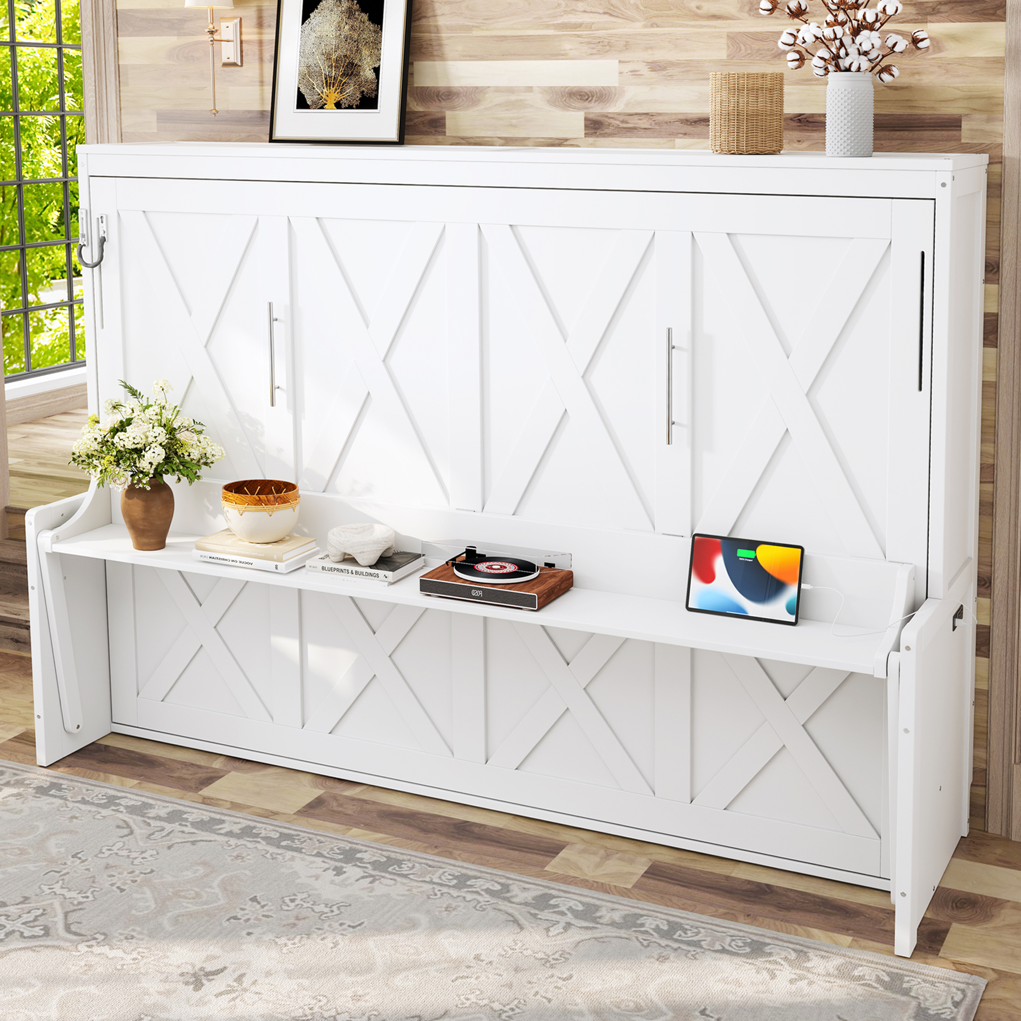 Queen Size Murphy Bed with a desk, USB Charging Station,LED Lights,White - Image 4