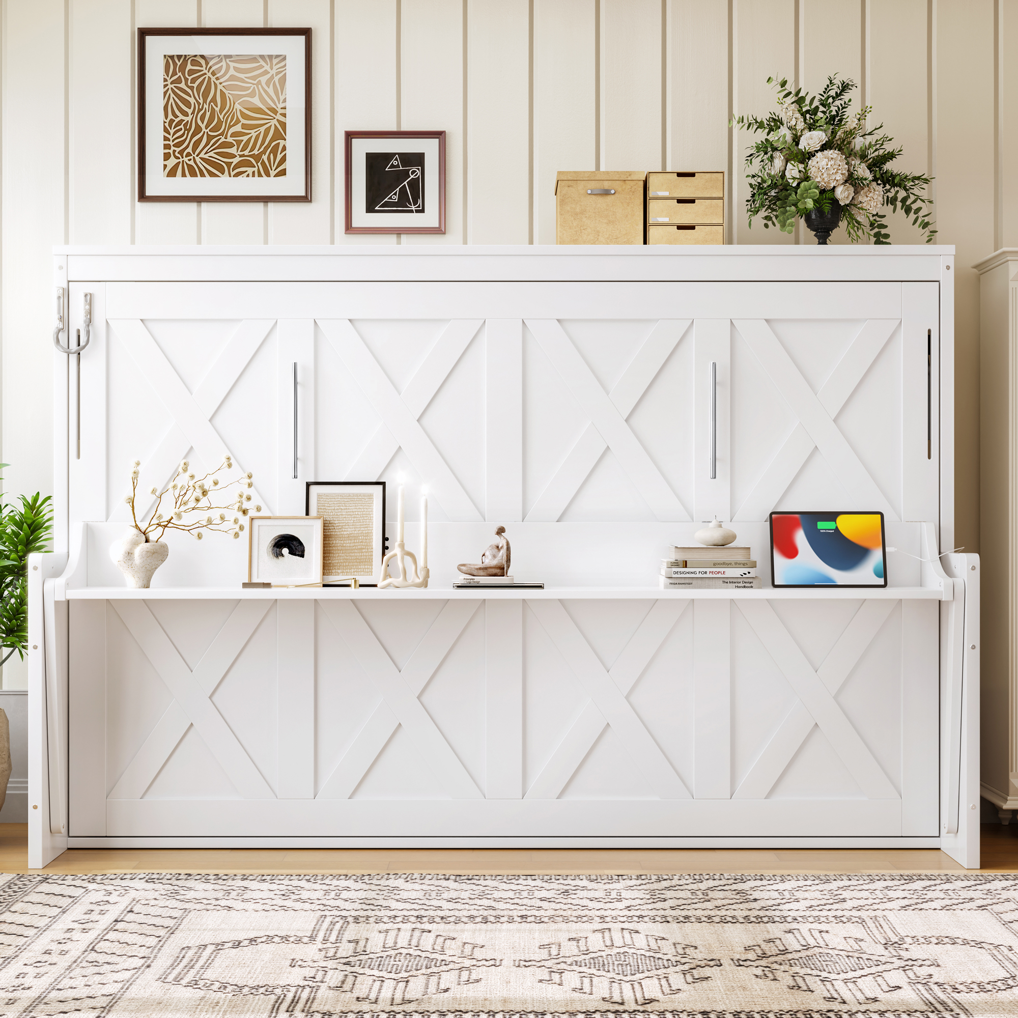 Full Size Murphy Bed with a desk, USB Charging Station,LED Lights ,White - Image 2