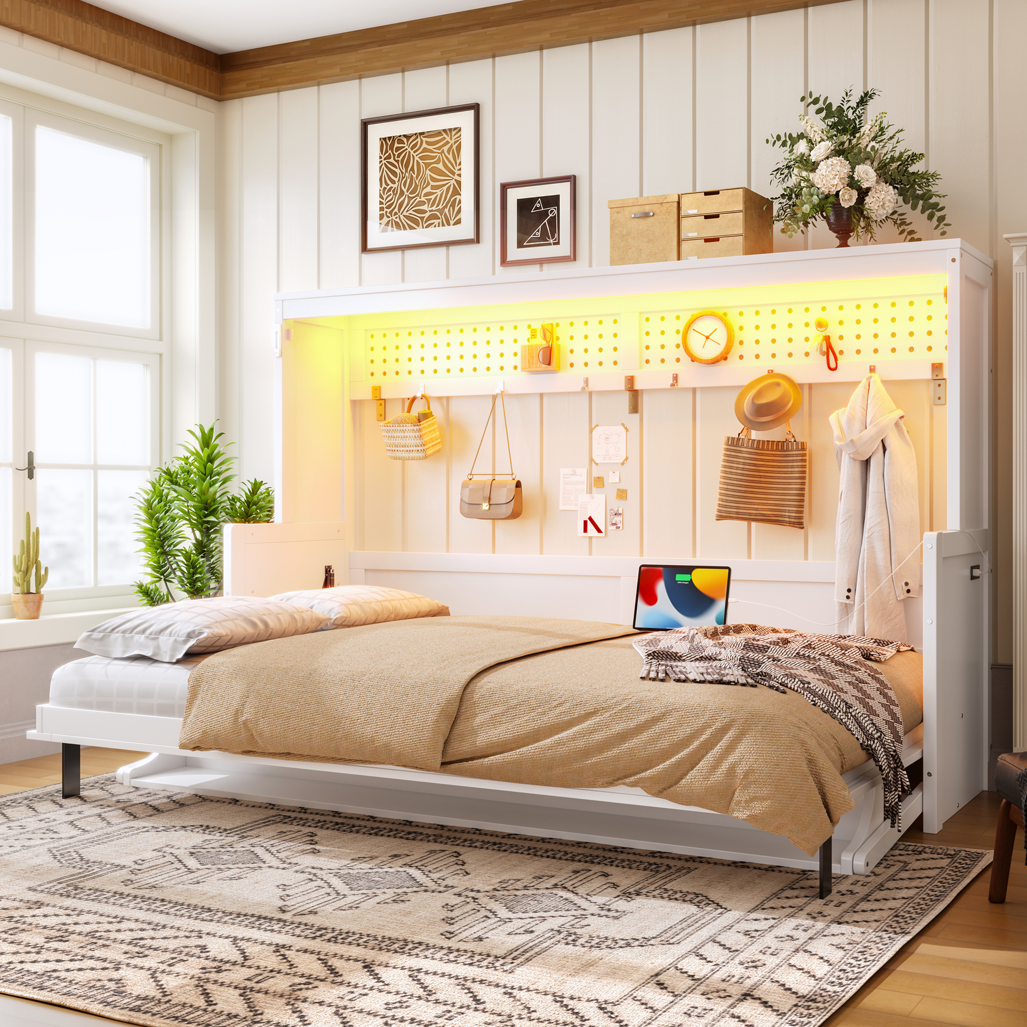 Full Size Murphy Bed with a desk, USB Charging Station,LED Lights ,White - Image 3