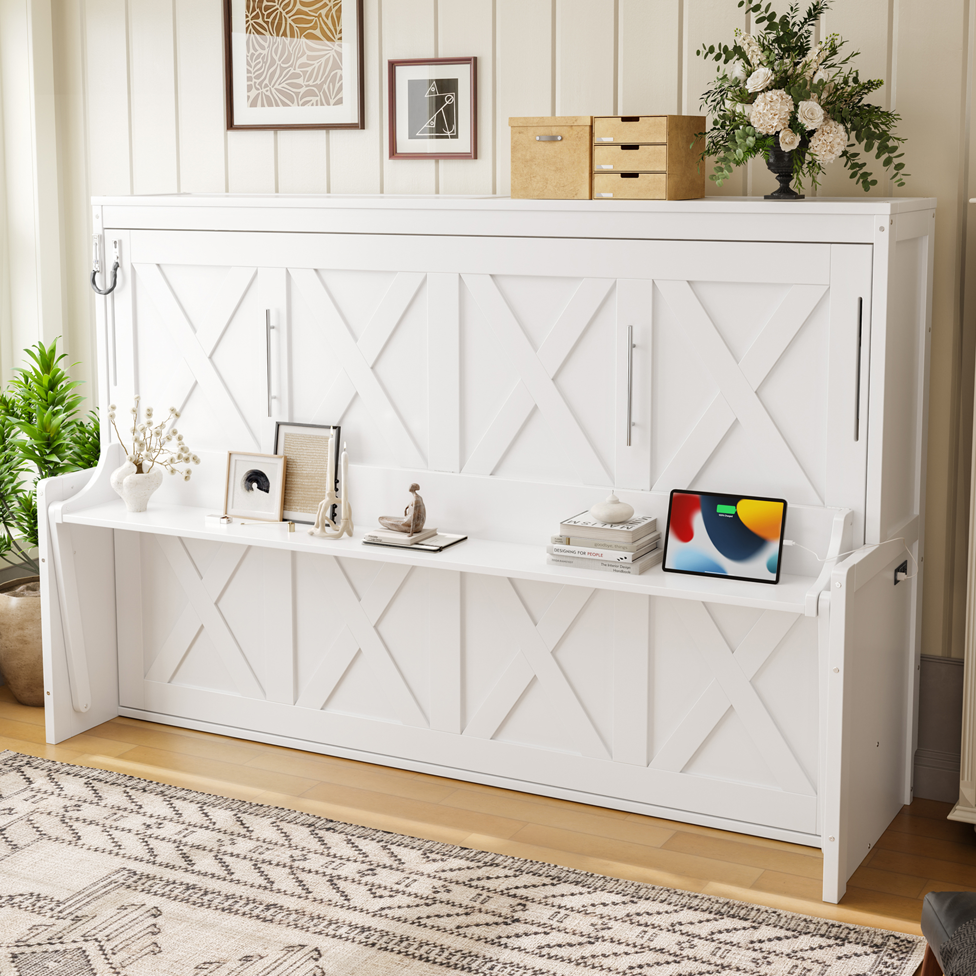 Full Size Murphy Bed with a desk, USB Charging Station,LED Lights ,White - Image 4
