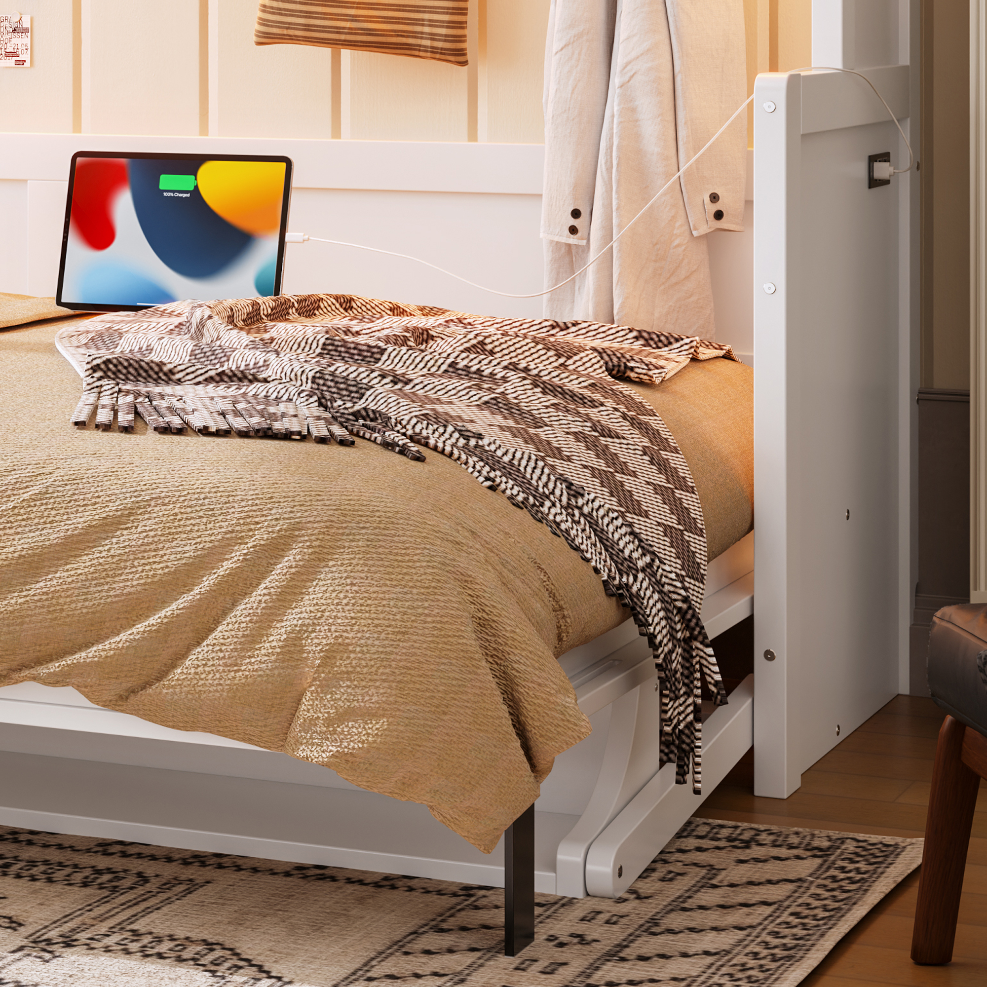 Full Size Murphy Bed with a desk, USB Charging Station,LED Lights ,White - Image 5