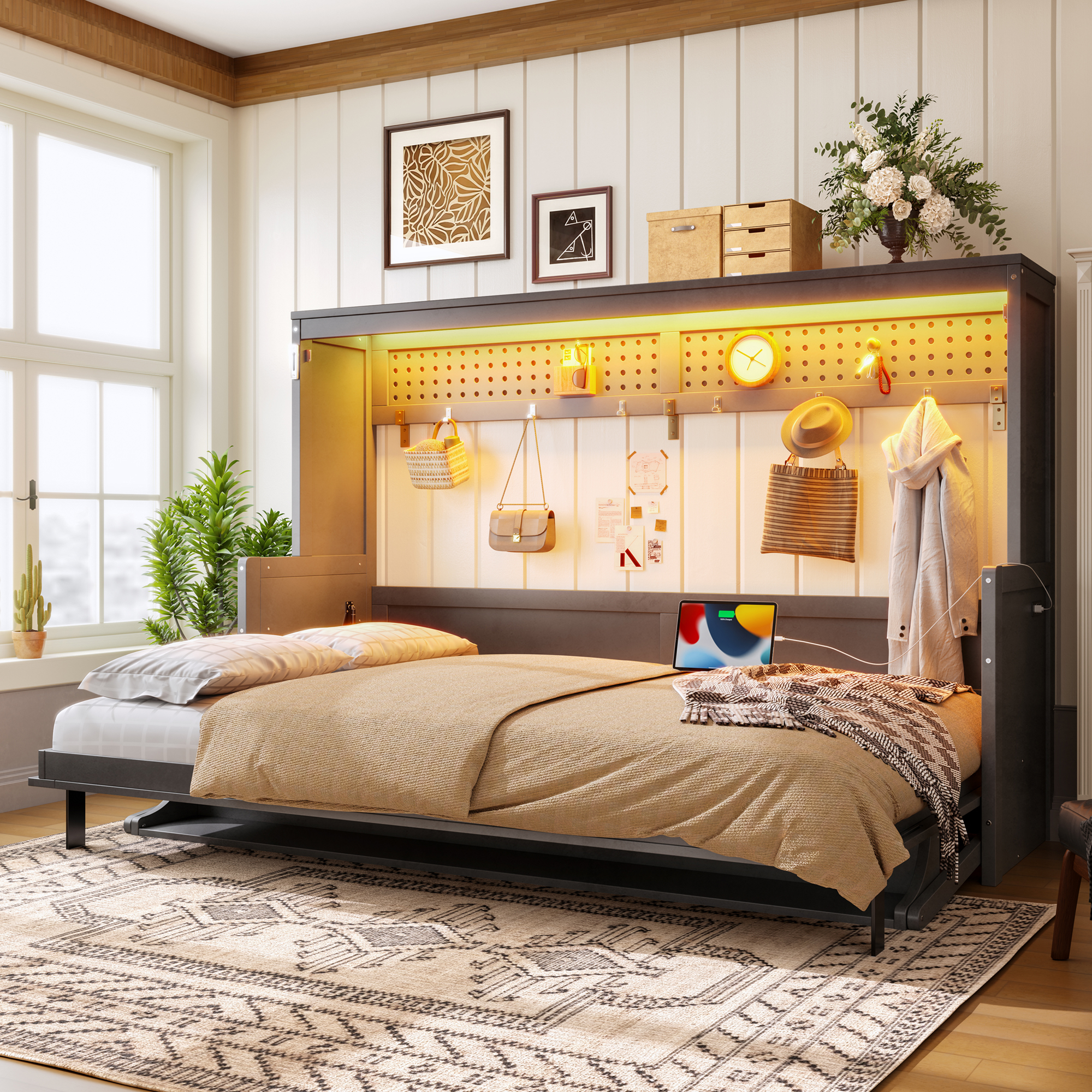 Full Size Murphy Bed with a desk, USB Charging Station,LED Lights,Dark Gray - Image 2