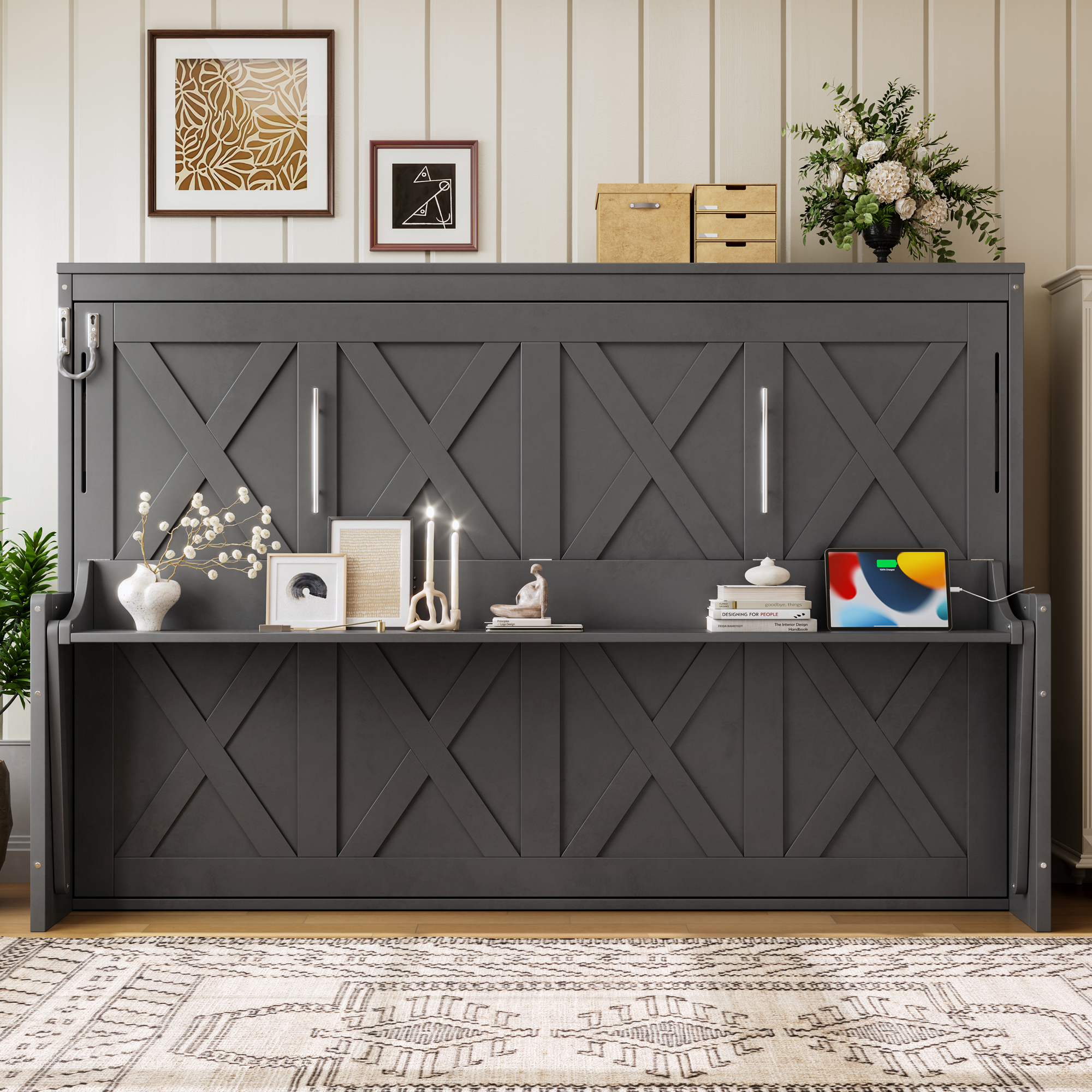 Full Size Murphy Bed with a desk, USB Charging Station,LED Lights,Dark Gray - Image 3