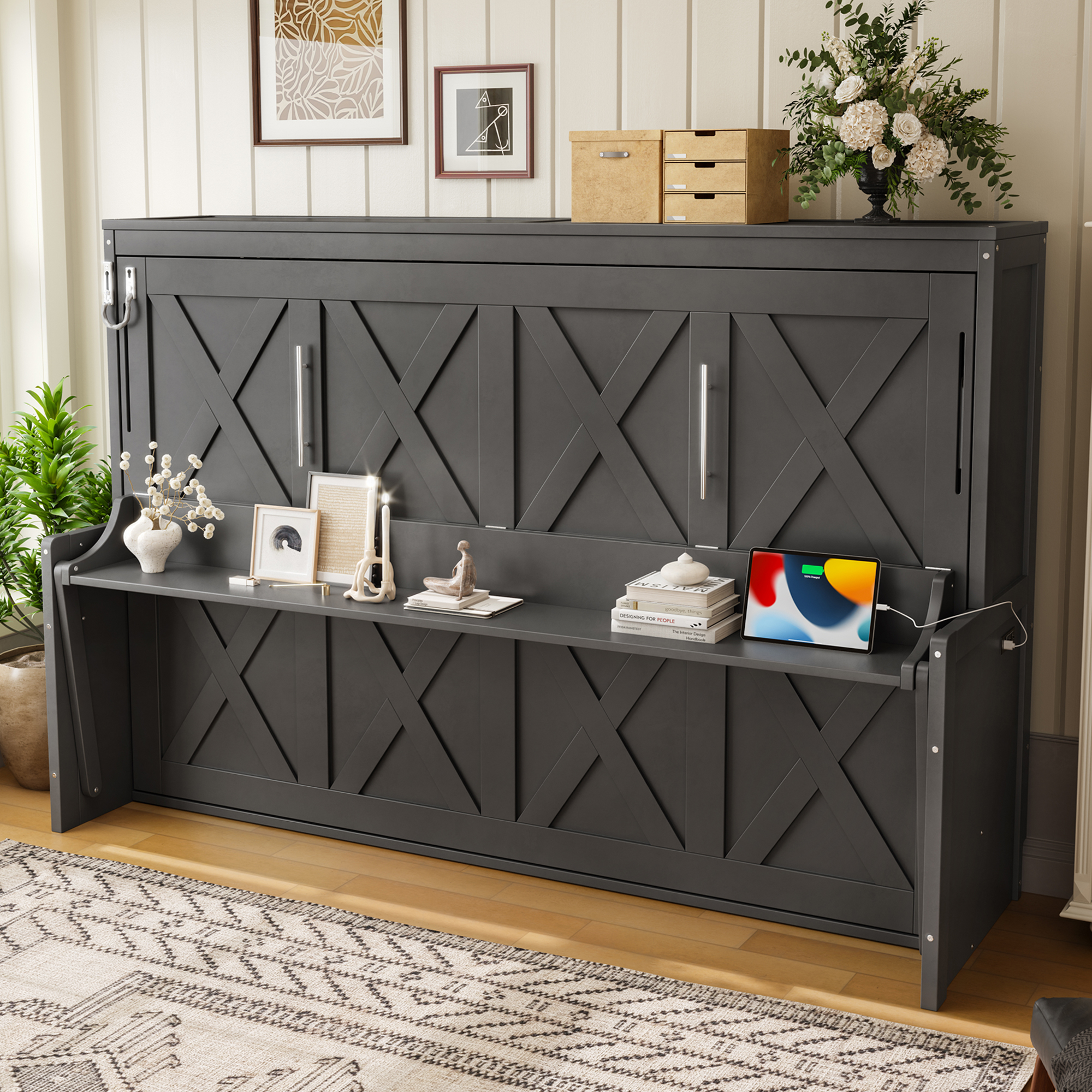 Full Size Murphy Bed with a desk, USB Charging Station,LED Lights,Dark Gray - Image 4