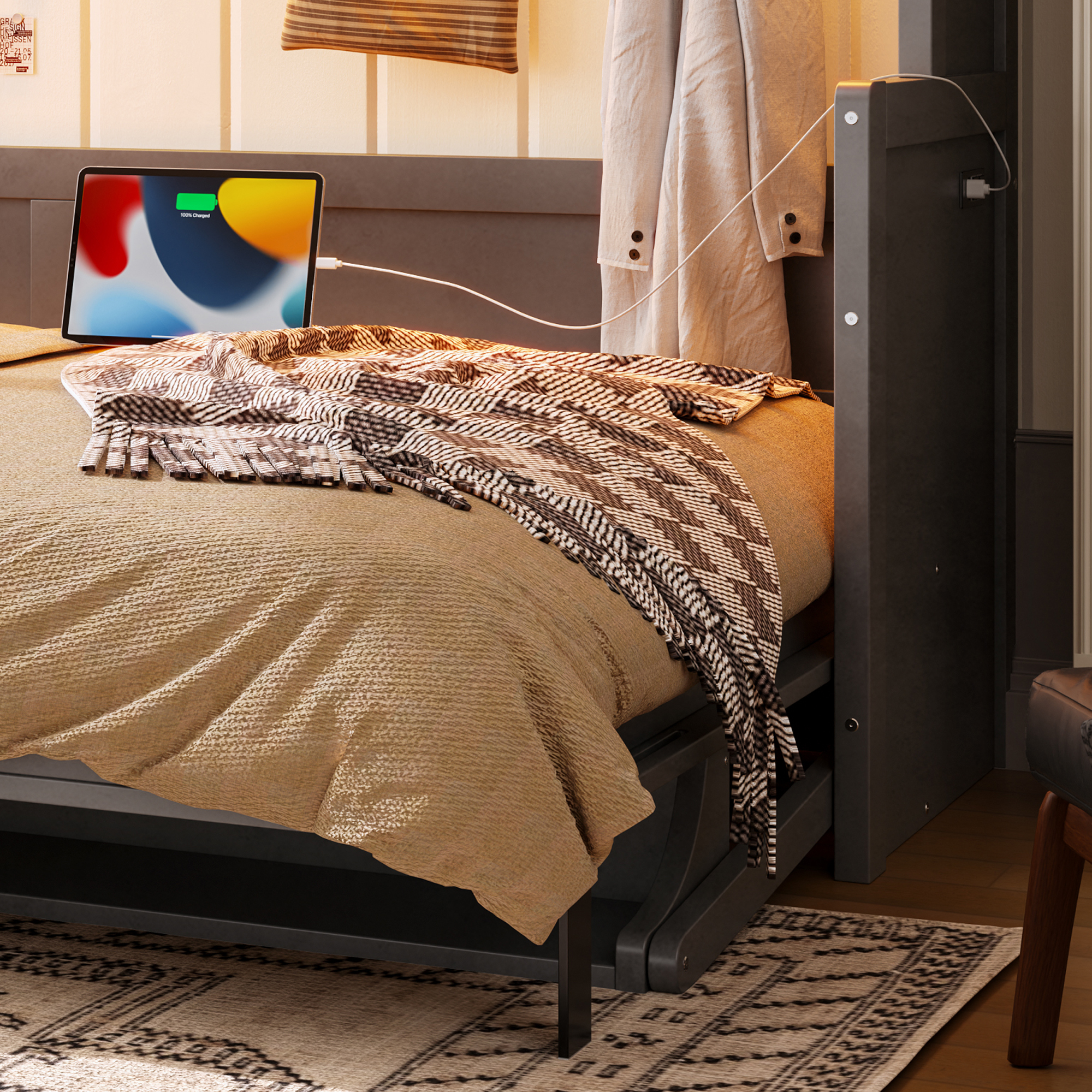 Full Size Murphy Bed with a desk, USB Charging Station,LED Lights,Dark Gray - Image 5