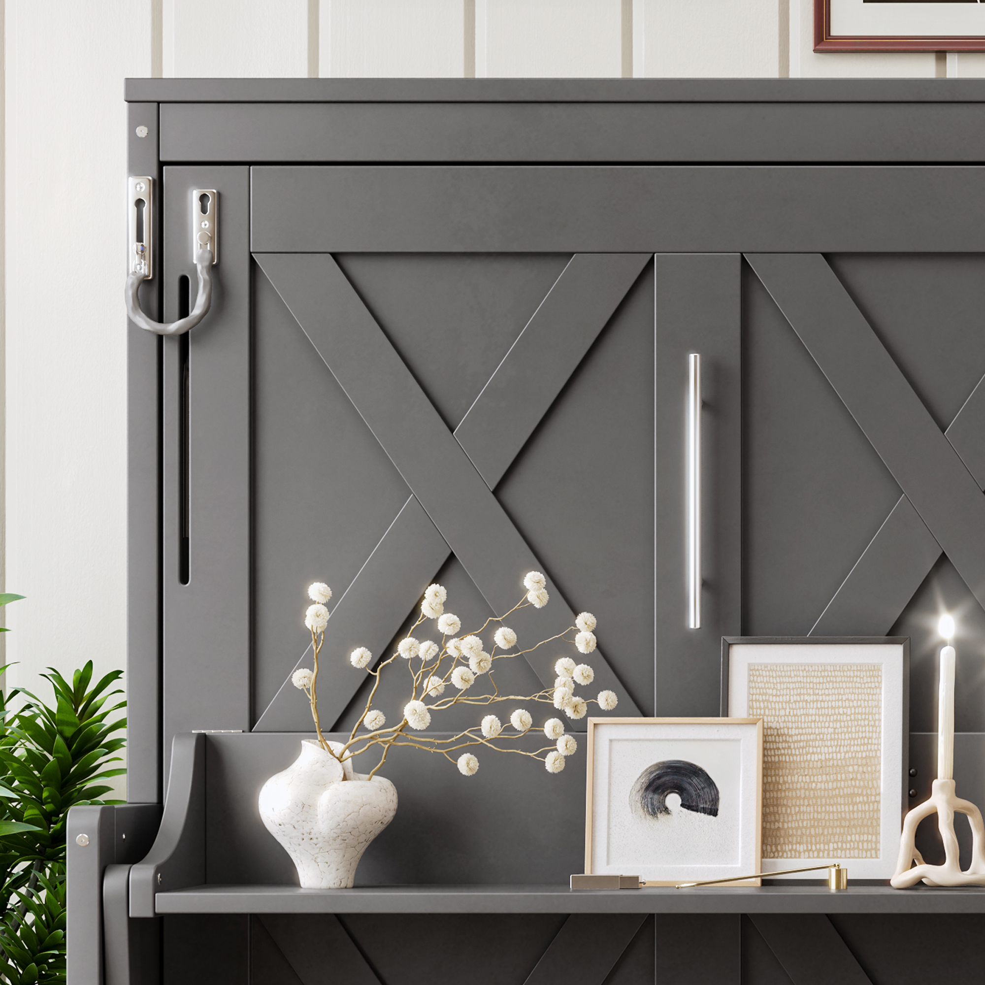 Full Size Murphy Bed with a desk, USB Charging Station,LED Lights,Dark Gray - Image 6