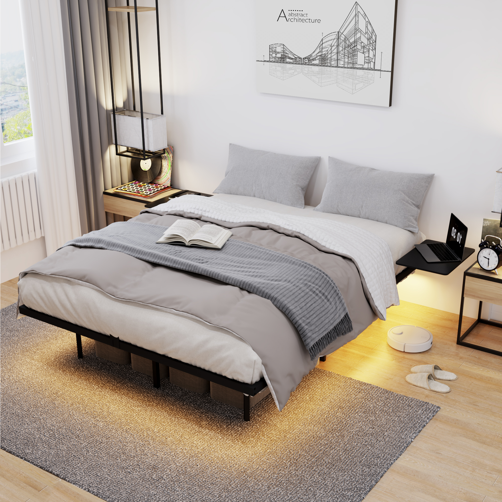 Queen Size Bed Frame , Heavy Duty Metal Bed Frame, Quick & Easy Assembly, LED light, No Noise, Black - Image 1