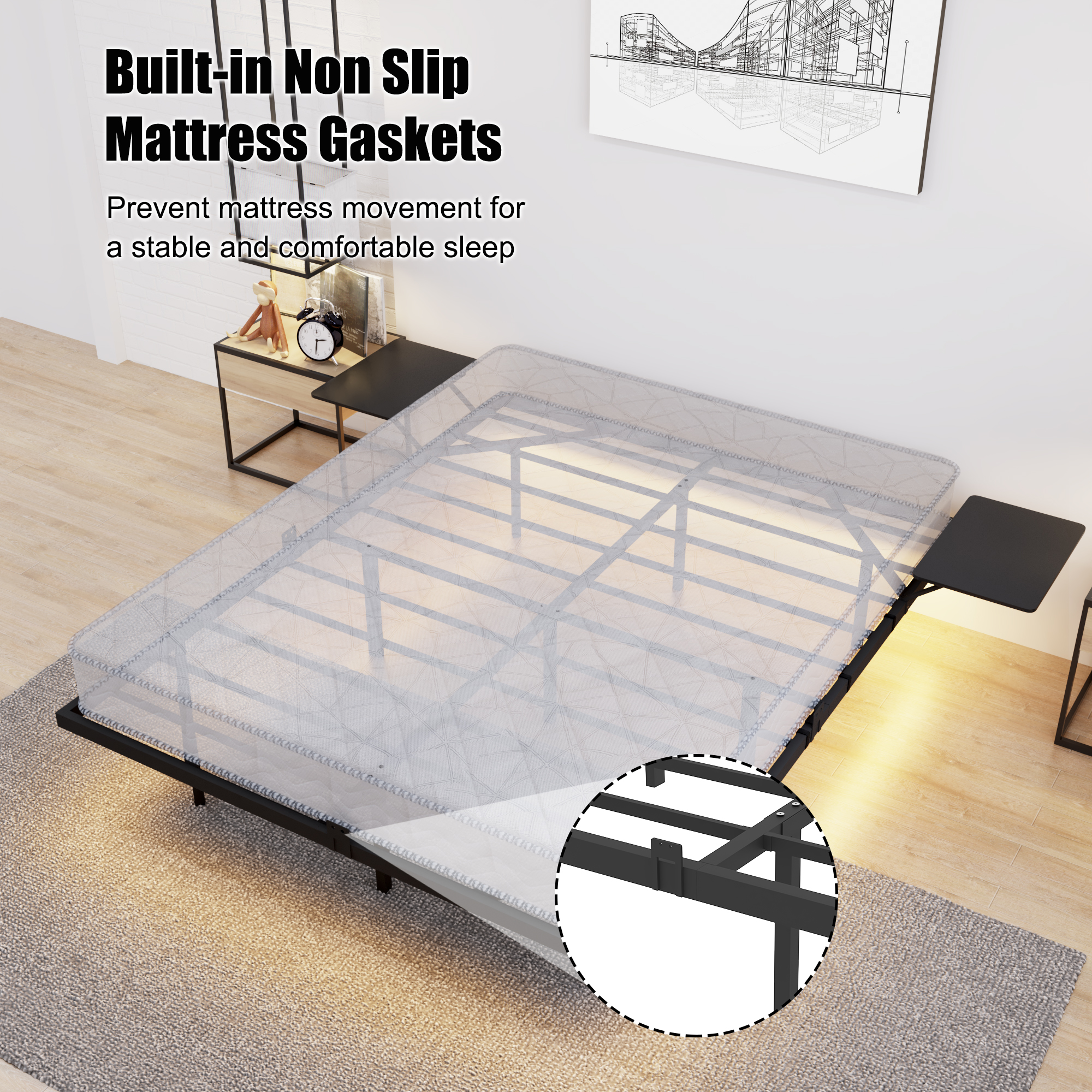 Queen Size Bed Frame , Heavy Duty Metal Bed Frame, Quick & Easy Assembly, LED light, No Noise, Black - Image 5