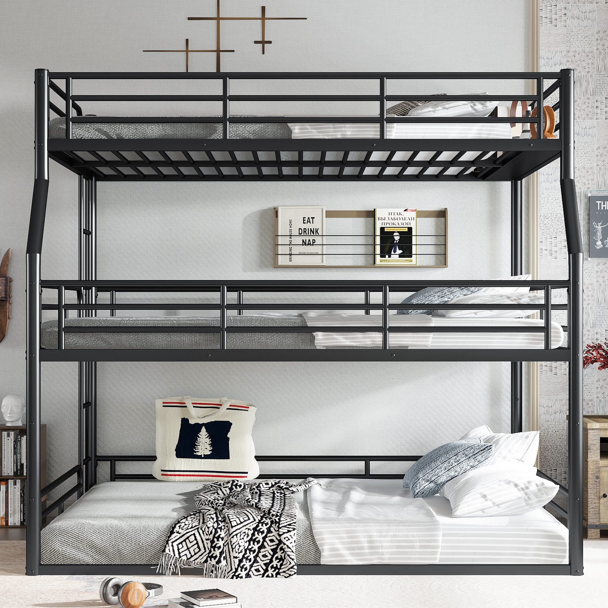 Full XL over Queen over Queen Bunk Bed, Metal Triple Bunk Bed with Safety Guardrails, Heavy-duty Bunk Bed with Noise-reduced Design, Black - Image 2