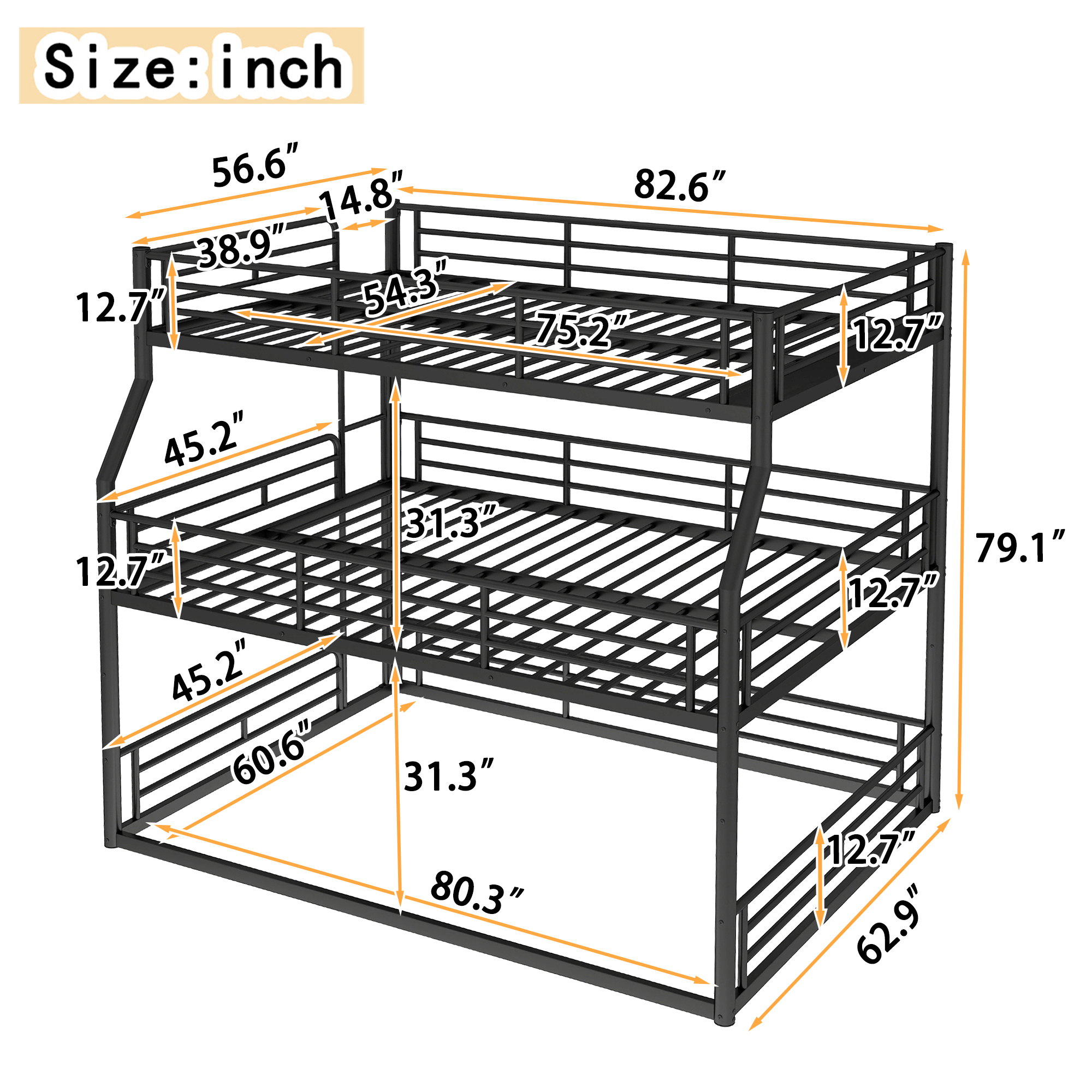 Full XL over Queen over Queen Bunk Bed, Metal Triple Bunk Bed with Safety Guardrails, Heavy-duty Bunk Bed with Noise-reduced Design, Black - Image 3