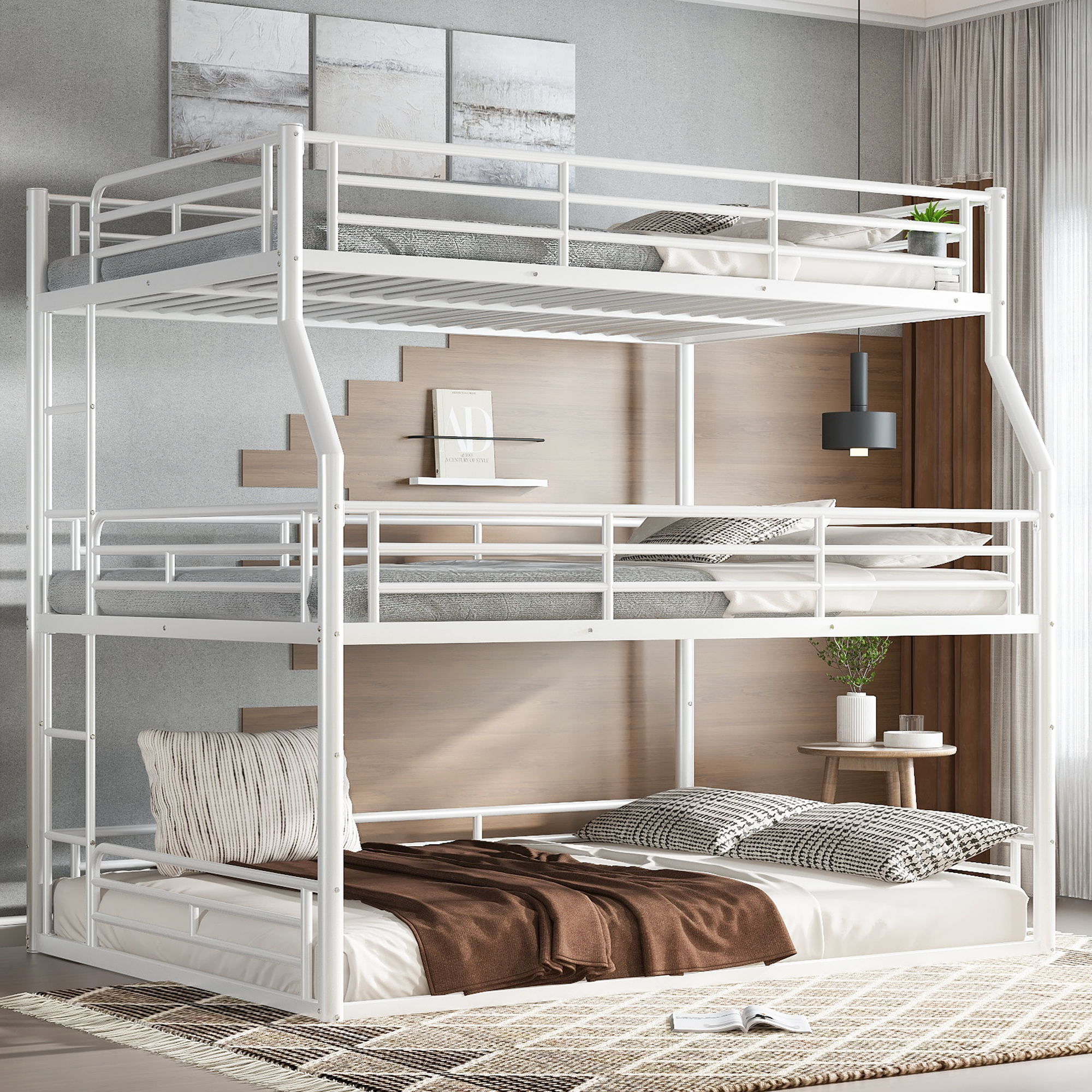 Full XL over Queen over Queen Bunk Bed, Metal Triple Bunk Bed with Safety Guardrails, Heavy-duty Bunk Bed with Noise-reduced Design, White - Image 1