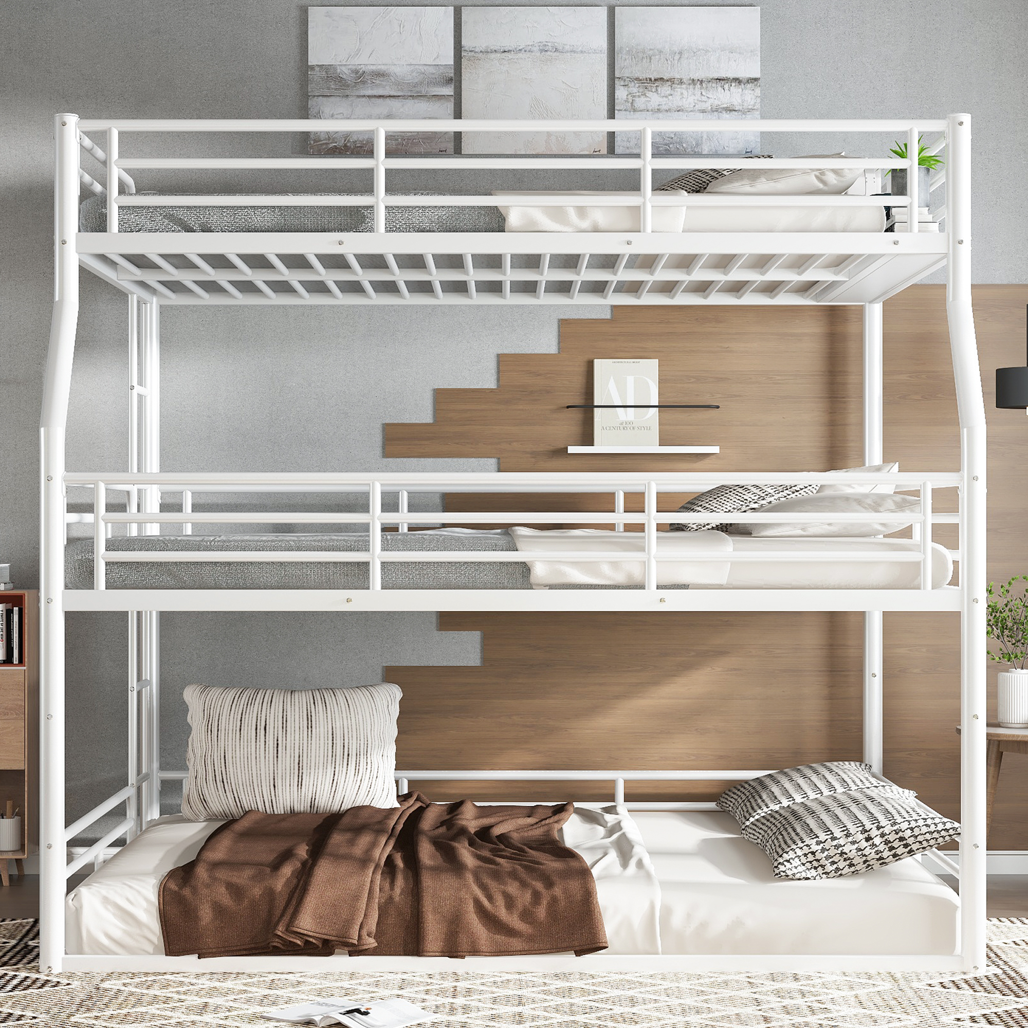 Full XL over Queen over Queen Bunk Bed, Metal Triple Bunk Bed with Safety Guardrails, Heavy-duty Bunk Bed with Noise-reduced Design, White - Image 2