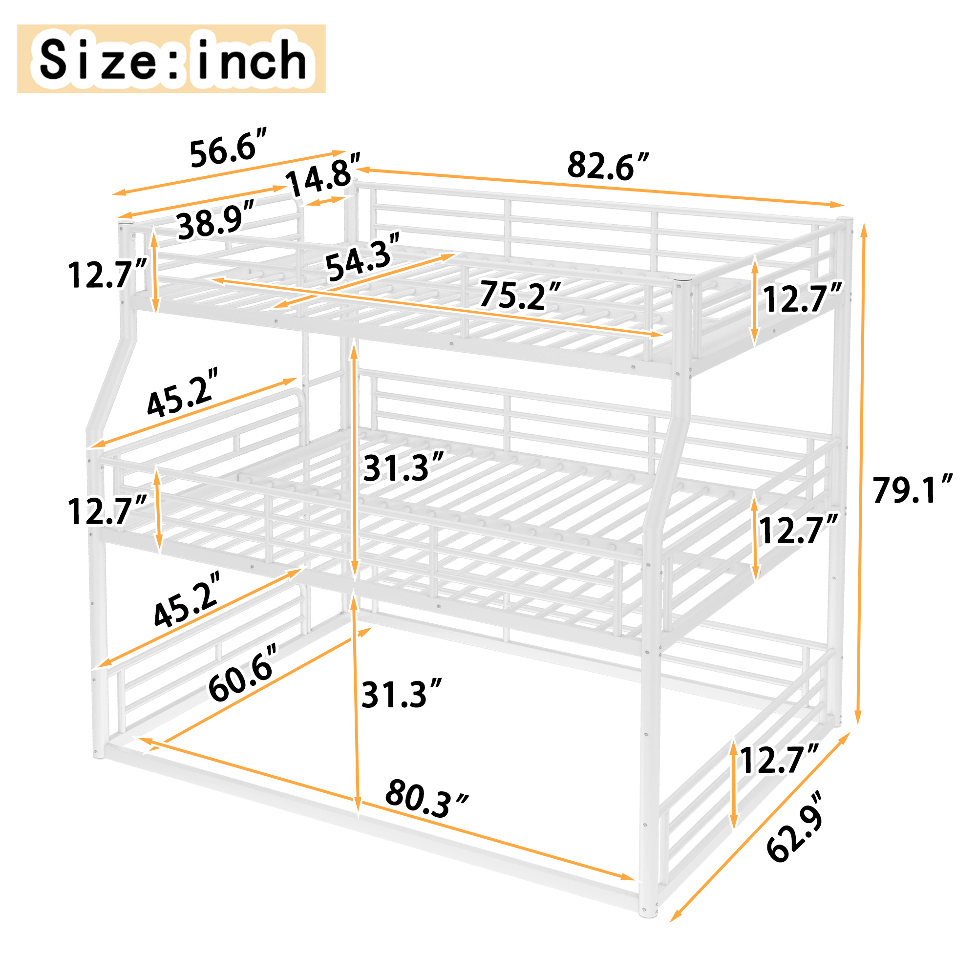Full XL over Queen over Queen Bunk Bed, Metal Triple Bunk Bed with Safety Guardrails, Heavy-duty Bunk Bed with Noise-reduced Design, White - Image 3