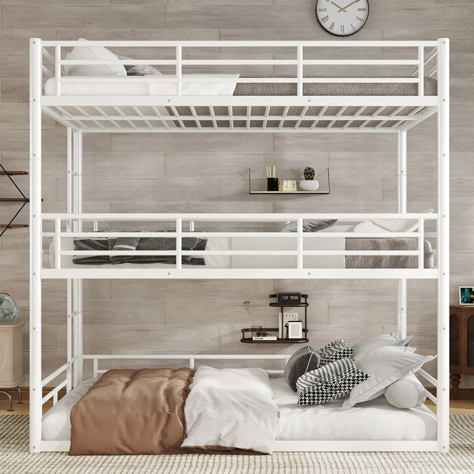 Full over Full over Full Bunk Bed, Metal Triple Bunk Bed with Safety Guardrails, Heavy-duty Bunk Bed with Noise-reduced Design, White - Image 2