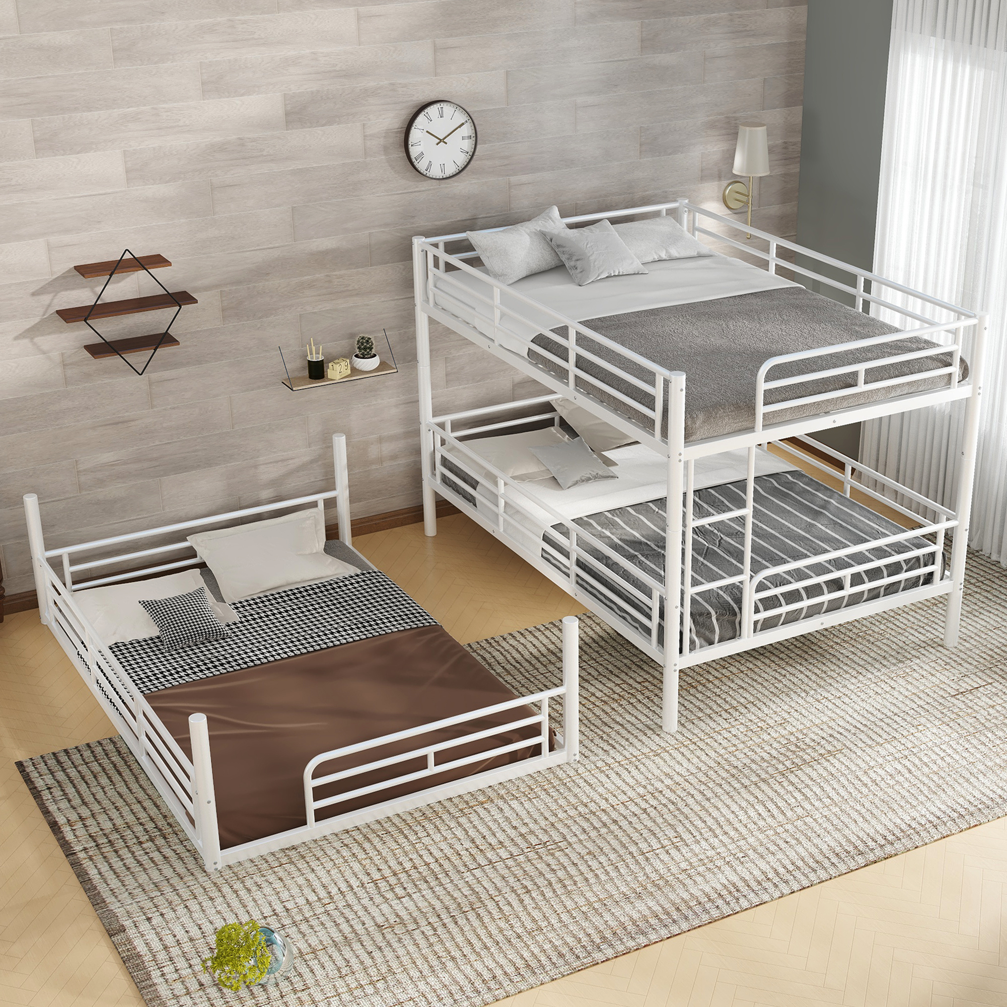 Full over Full over Full Bunk Bed, Metal Triple Bunk Bed with Safety Guardrails, Heavy-duty Bunk Bed with Noise-reduced Design, White - Image 3
