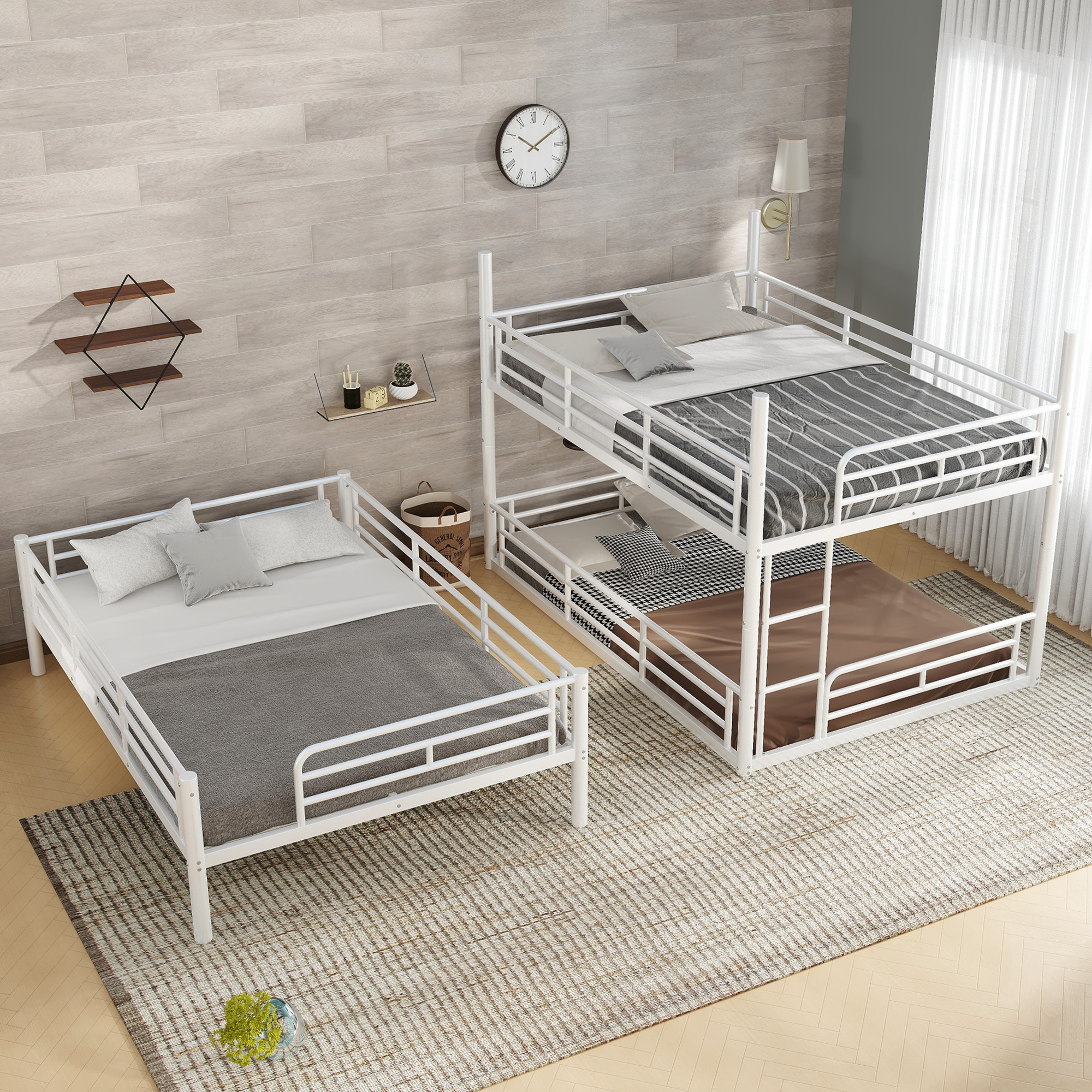 Full over Full over Full Bunk Bed, Metal Triple Bunk Bed with Safety Guardrails, Heavy-duty Bunk Bed with Noise-reduced Design, White - Image 4